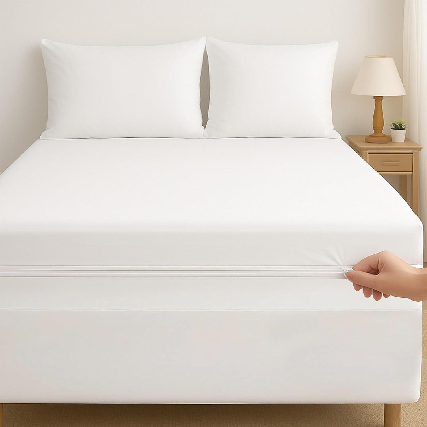 Cottingon Queen Zippered Waterproof Mattress Protector, Six-Sided, 1 PC Encasement Style Breathable Cover Fits Upto 15 Inch Deep, Light Grey Zipper Closure