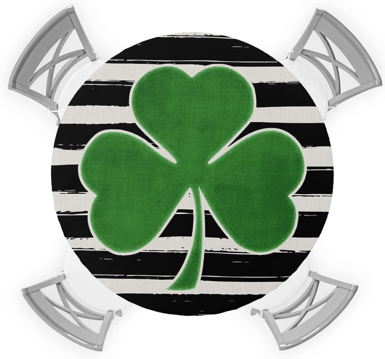 St Patrick's Clover Round Tablecloth Fitted Table Cover,Elastic Tablecloths Waterproof Outdoor Indoor Stretch Cloth Tablecover for Dinner,Party,Irish Green Shamrock Geometry Black Stripes 55-60IN