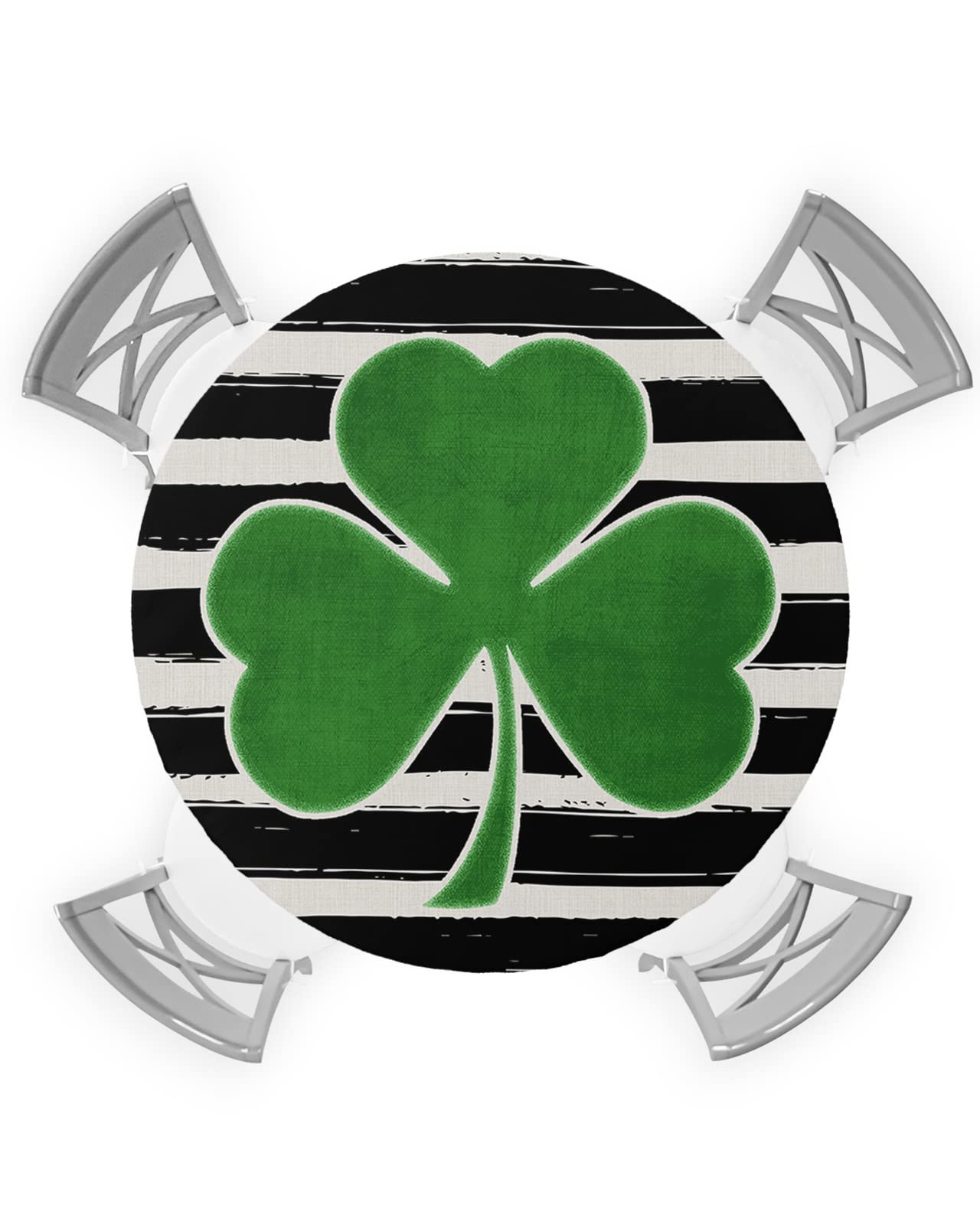 St Patrick's Clover Round Tablecloth Fitted Table Cover,Elastic Tablecloths Waterproof Outdoor Indoor Stretch Cloth Tablecover for Dinner,Party,Irish Green Shamrock Geometry Black Stripes 55-60IN