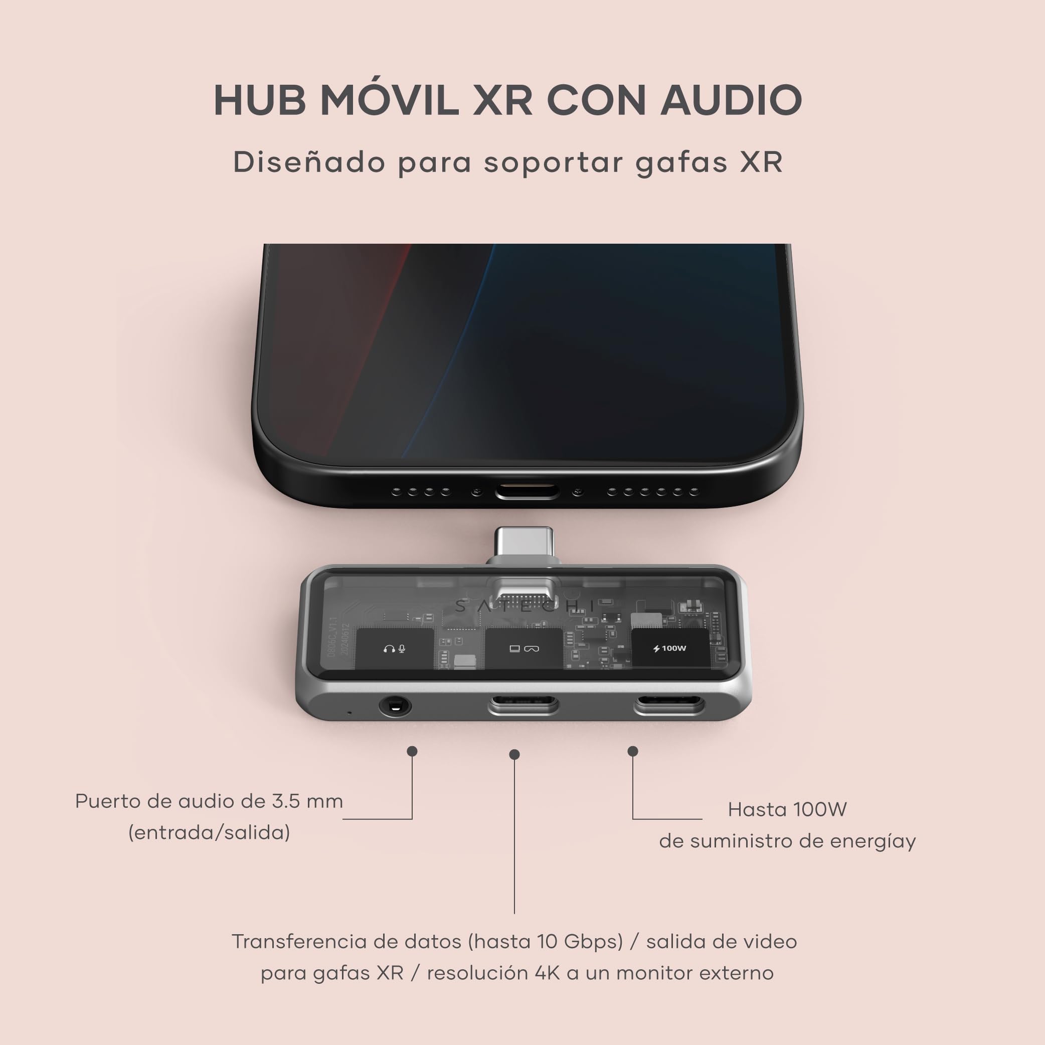 SATECHI Mobile Hub USB C 3 en 1 con Jack de Audio, HDMI, 100W, 10Gbps | Jack de audio 3,5 mm, vídeo a 4K@60Hz, adaptador portátil para iPhone, iPad, Nintendo Switch y más