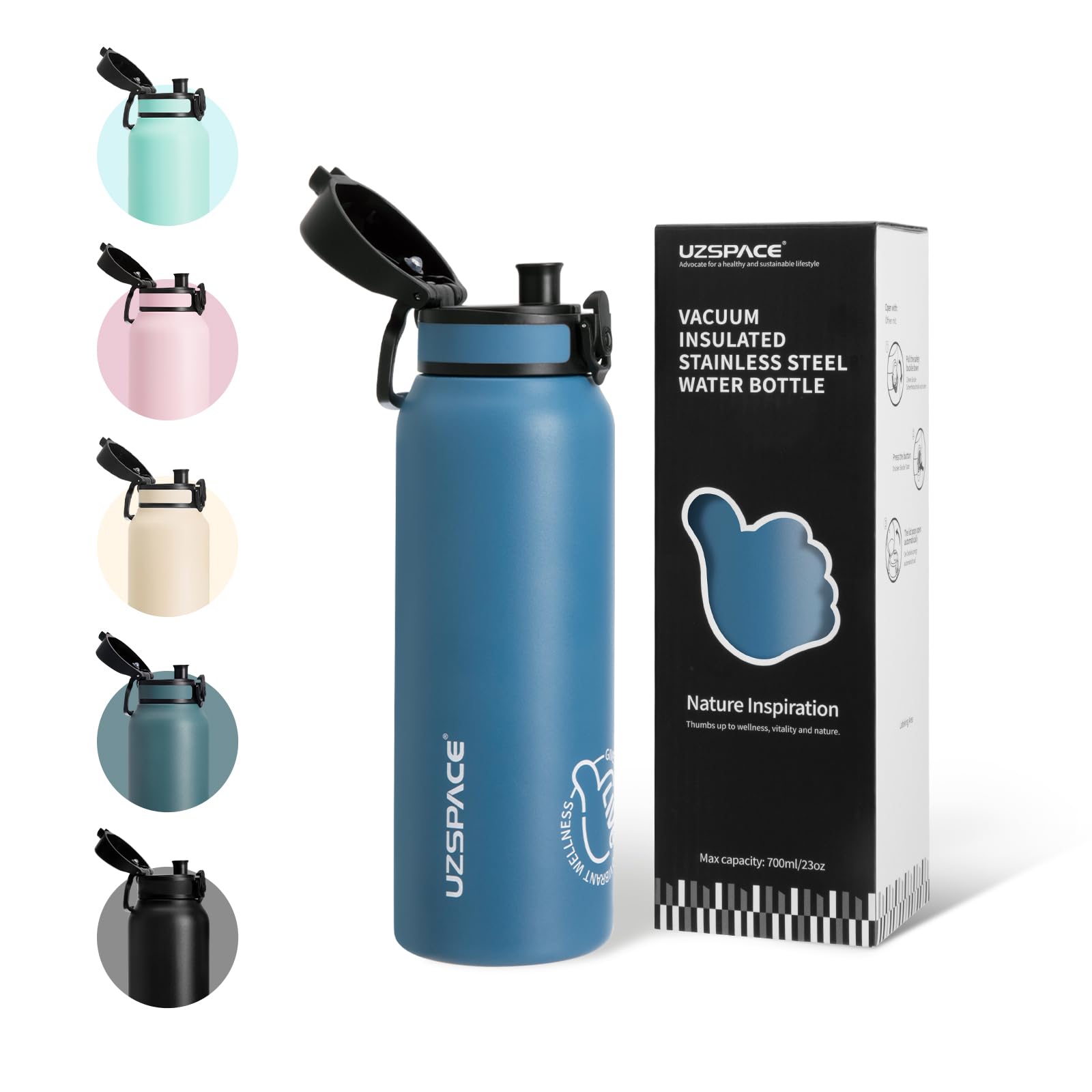 UZSPACE Thermosflasche Kinder 700ml, Isolierte Edelstahl Trinkflasche mit 1-Klick-Öffnung, 100% Auslaufsicher, Sport Wasserflasche für Schule Fitness Gym Outdoor, Ozeanblau