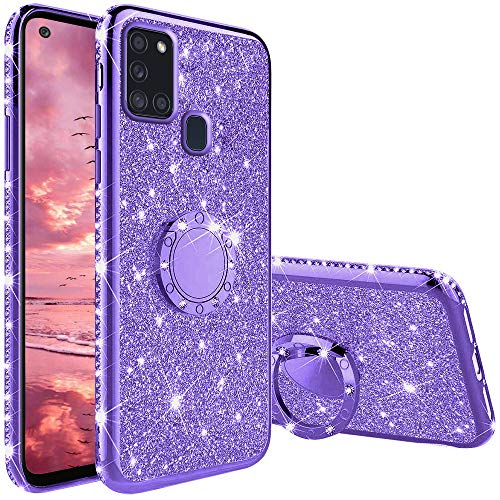 Funda para Samsung Galaxy A21s, Glitter Brillante Diamante con 360 Grado Anillo Kickstand Ultra Delgada Premium Fina Resistente Silicona TPU Doble Capa Anti Choques Protectora Carcasa - Morado