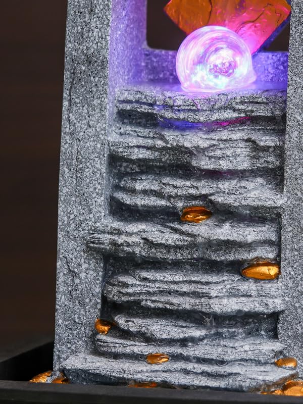 Image of Polyresin Rock Finish Table Top Indoor Waterfall Fountain for Home Decor with Yellow LED, Speed Controller Pump & Crystal Ball (Size: 40.5 x 29.5 x 22CM | Weight: 2240grm | Color: Grey)