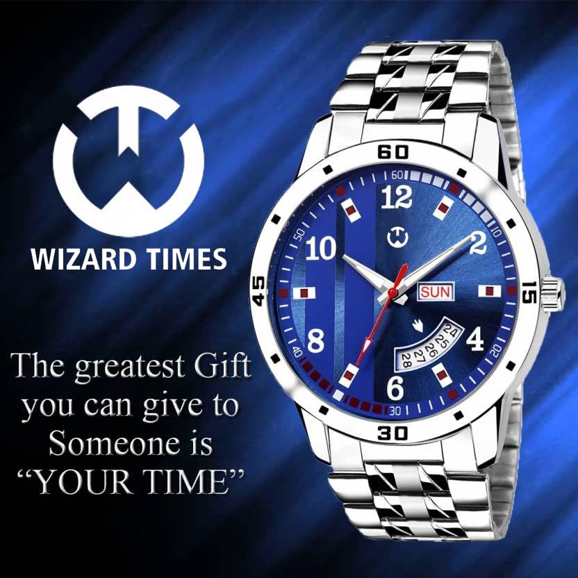Image of Men's Analog wristwatch, Silver Stainless Steel Strap Blue Day & Date Dial, Water Resistant, Formal & Casual Wear, Gift Watch for Men