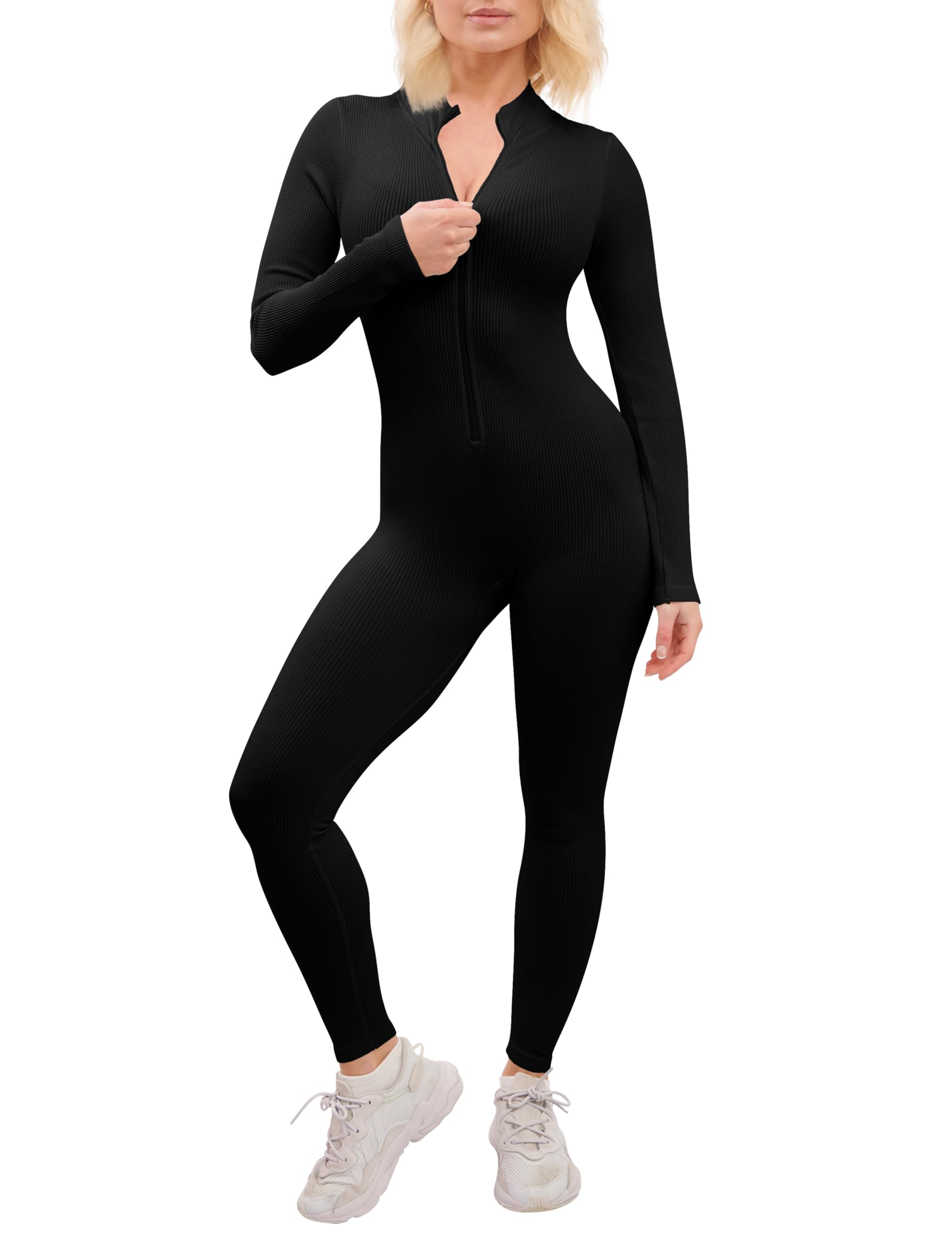 Women Ribbed Zip Up Jumpsuit full Sleeve Unitard Yoga Romper Workout Bodycon Gym Activewear for Ladies