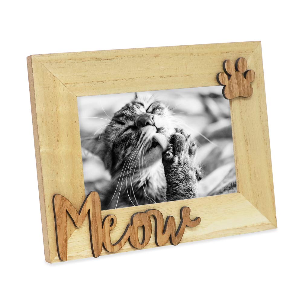 Isaac Jacobs Natural Wood Sentiments Cat “Meow” Picture Frame, 4x6 inch, Photo Gift for Pet Cat, Kitten, Display on Tabletop, Desk (Natural, 4x6)