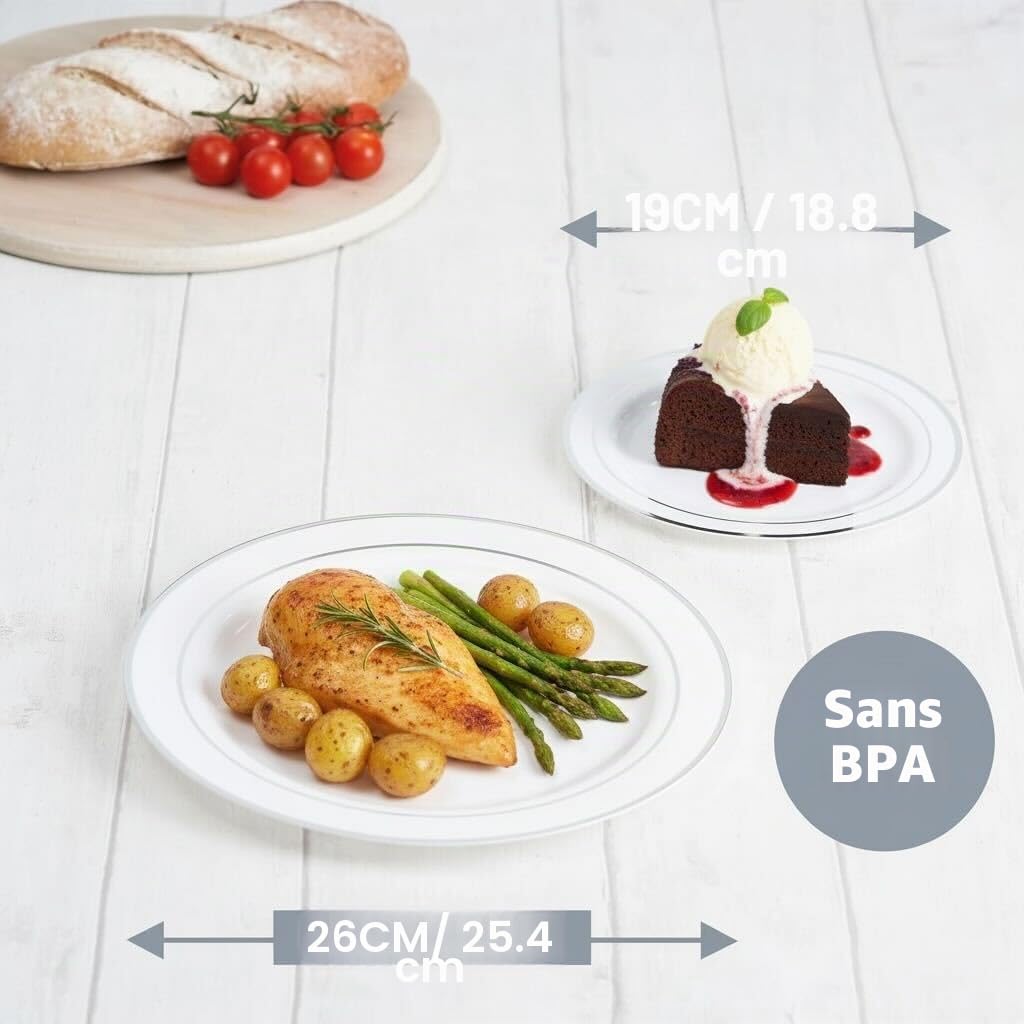MATANA 120 Assiettes en Plastique Réutilisables Blanches Premium avec Bord Argenté (60 Grandes et 60 Petites Assiettes) – Solides & Incassables pour Mariages, Anniversaires, Réceptions
