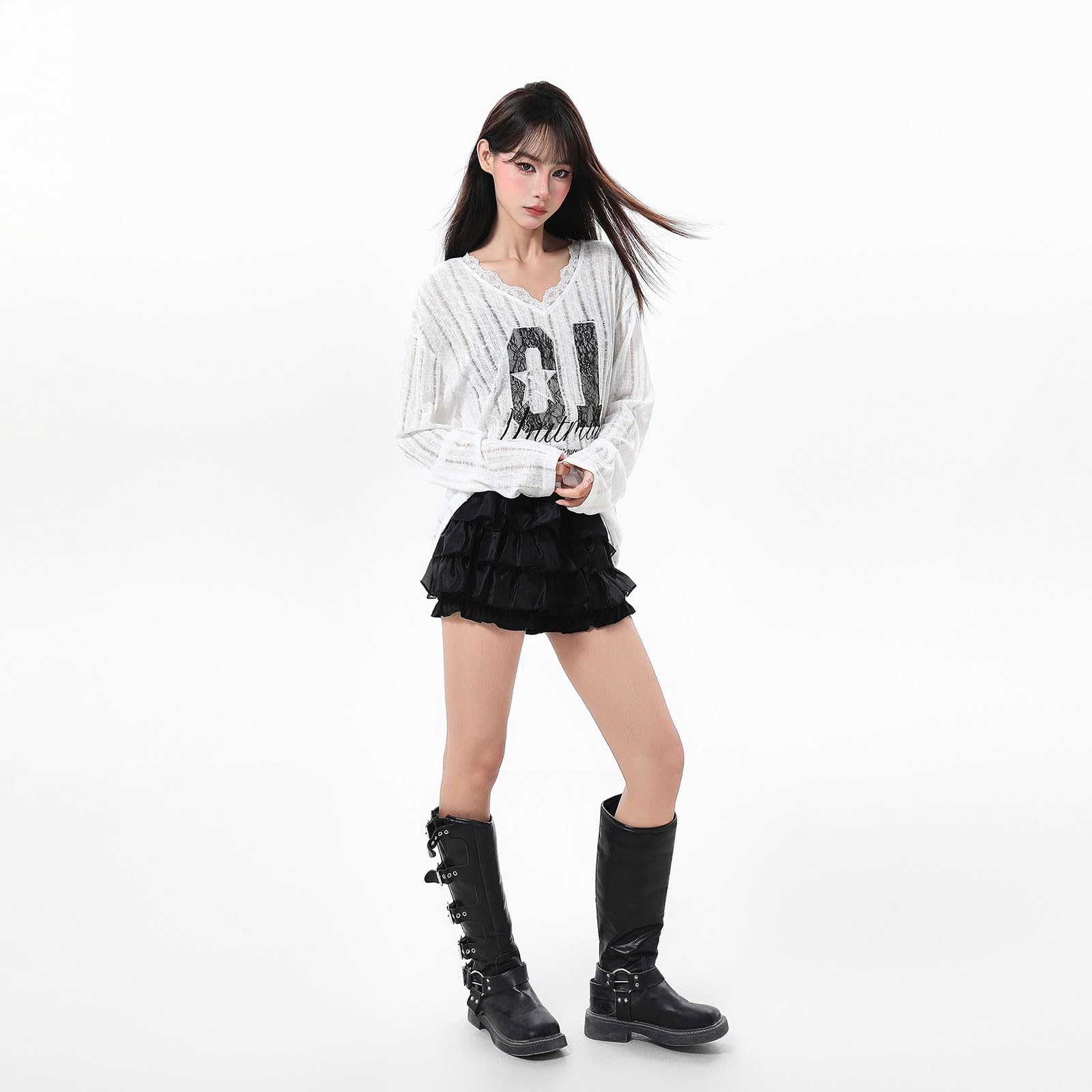 Y2K T Shirt damska Anime bez ramiączek długi rękaw otwory z siateczki i nadruk z kreskówki Grunge Harajuku Kawaii gotycka odzież