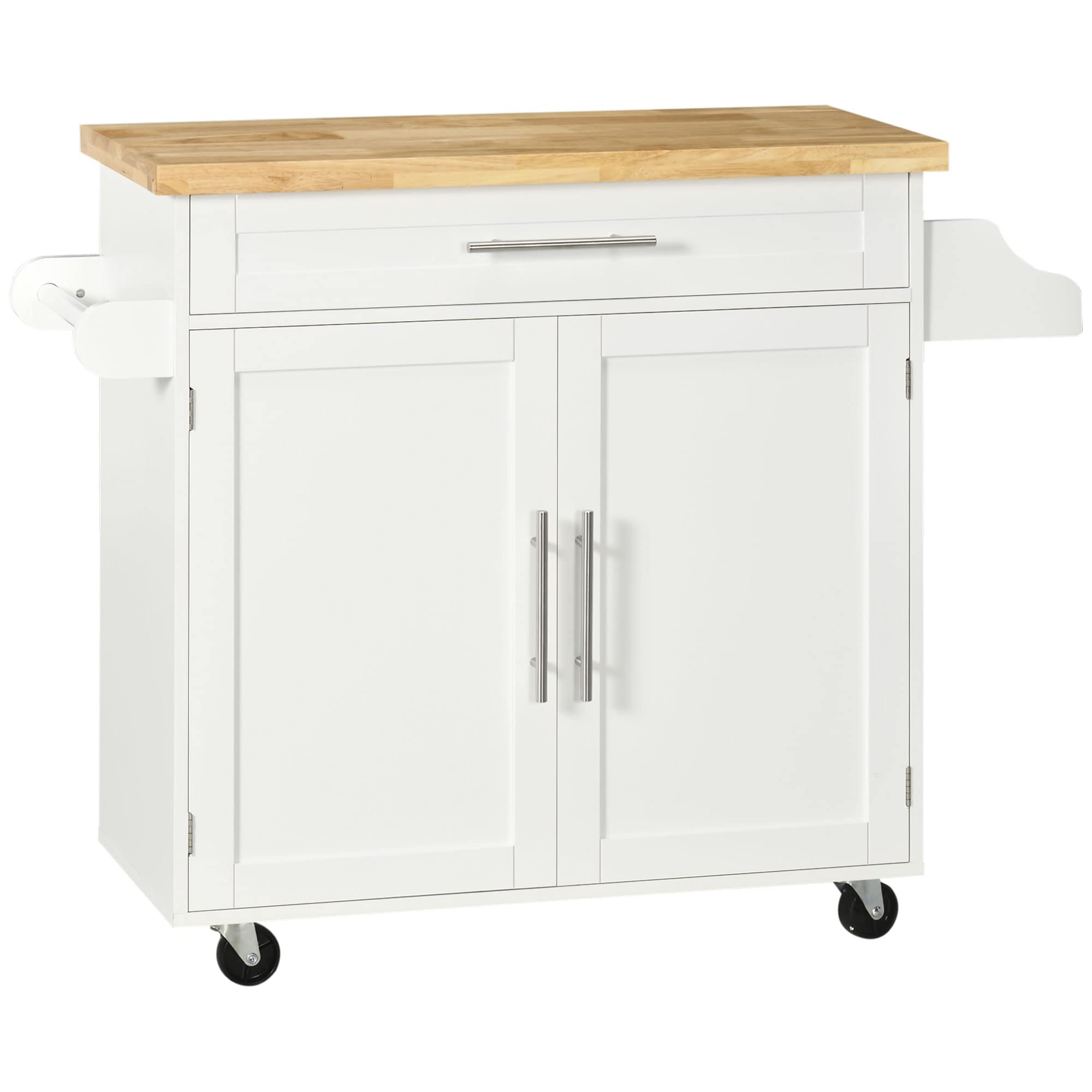 HOMCOM Isla de Cocina con Ruedas, Carro de Cocina con Cajón, 2 Puertas, Especiero, Barra para Paños y Estante Ajustable, para Comedor, 109x40x89 cm, Blanco