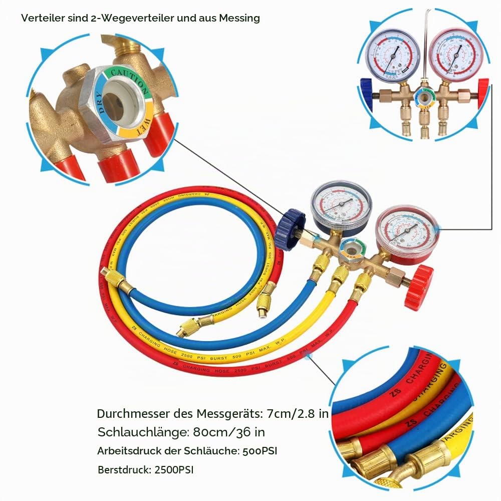 Weytoll Kältemittel Befüllung Schlauch, Kältemittel Manometer mit Schlauch und Haken, Auto AC Kältemittelaufladung Druckuhr-Armatur für Klimaanlagenprüfung, -20 ℃ bis 60 ℃ R12, R22, R404A,R134A