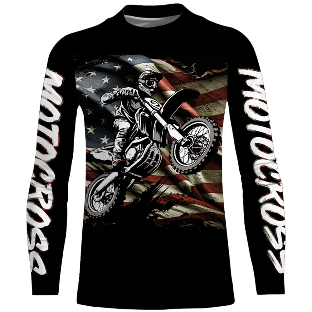 Motocross Jersey American Flag Kid&Adult UPF30+ Dirt Bike Racing Jersey Patriotic Off-Road Motorcycle Riding Shirt| XM71 (Kid Jersey)