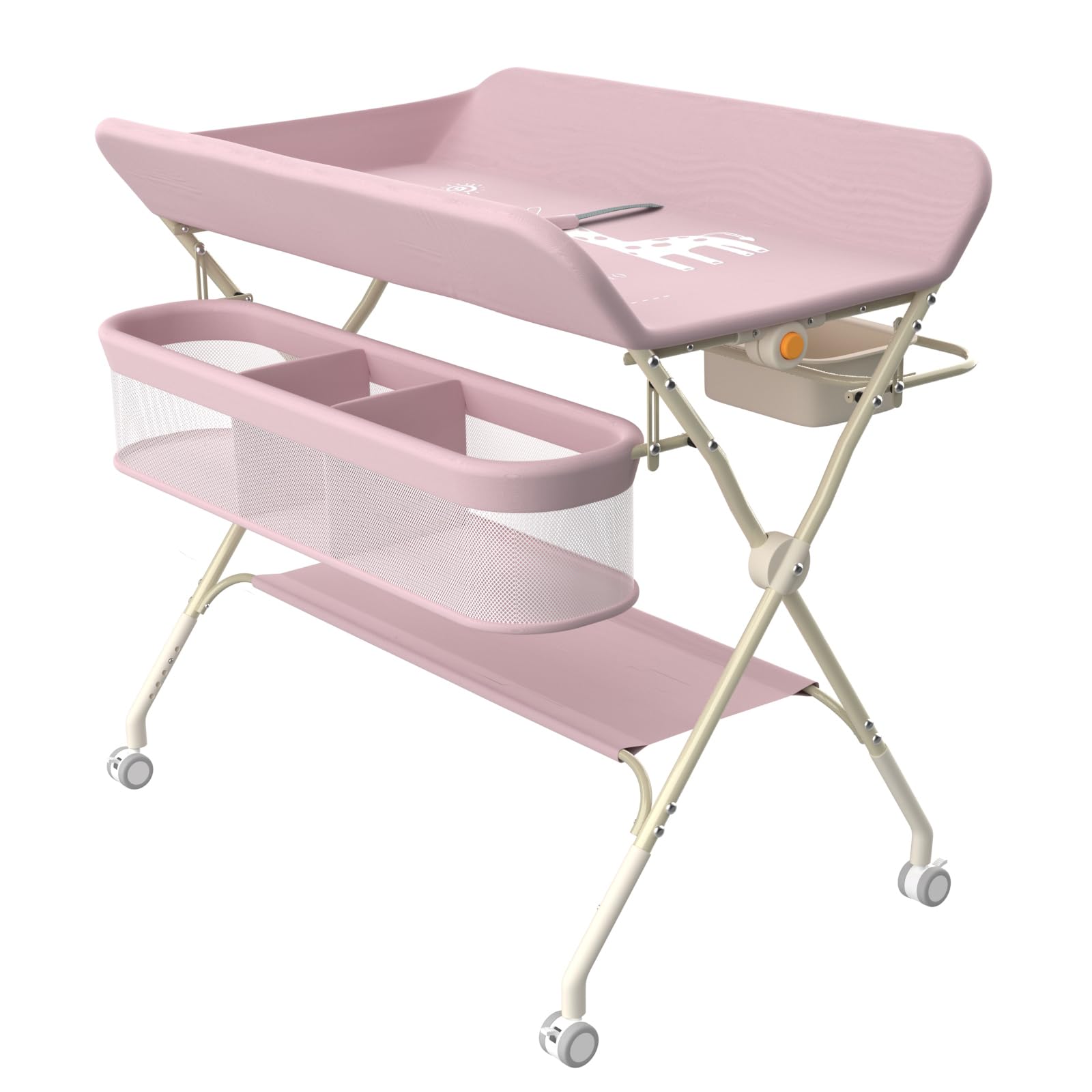 Klappbare Wickelkommode, Baby Wickelkombi, mobiler Wickeltisch mit Wickelauflage und Ablagefächern, platzsparend und stabil,75 x 68 x 83–91 cm (A) (Rosa)