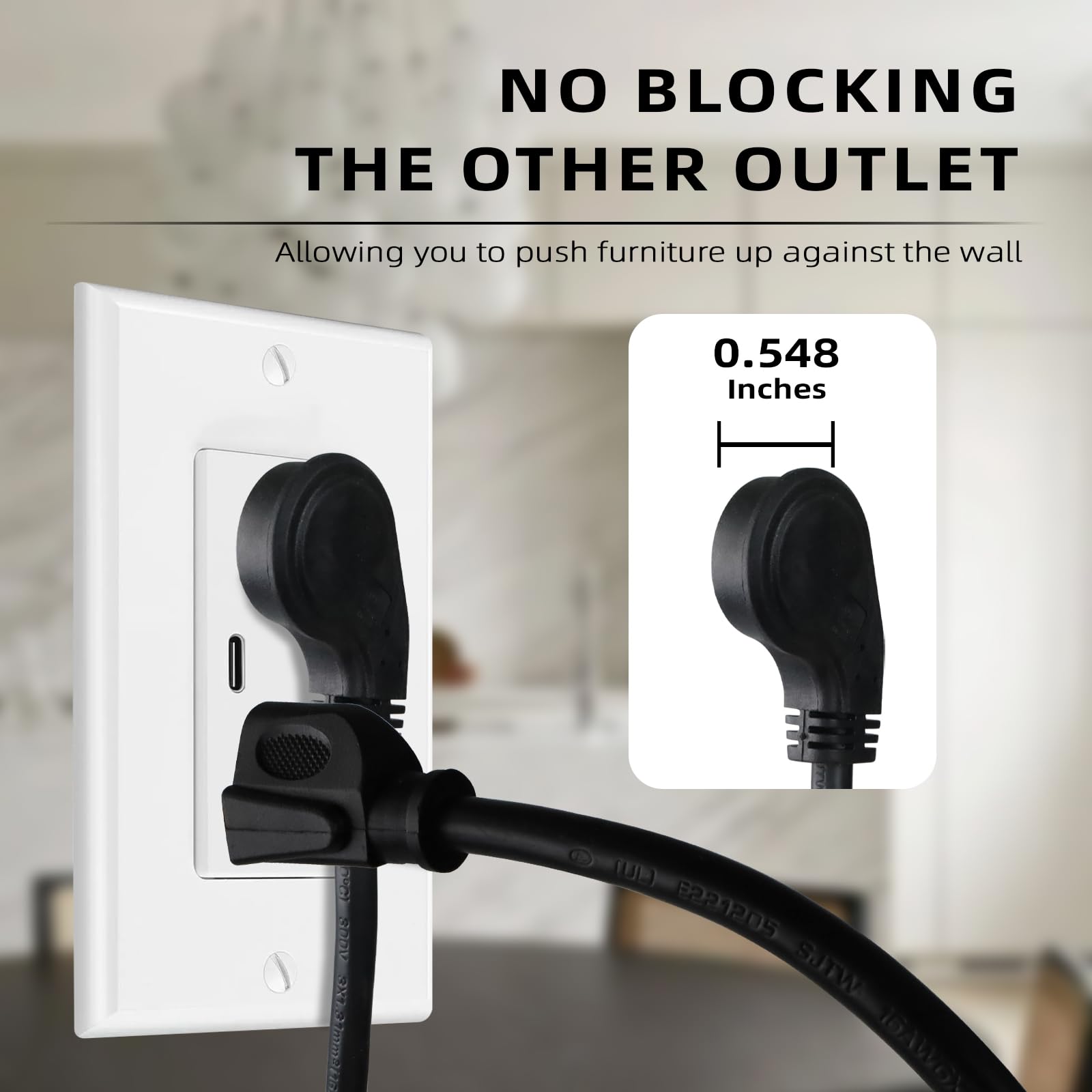 Indoor Extension Cord 10ft Elecan Flat Plug Extension Cord 12 Ft With Slim  Space-Saving Plug Design, Thin Flat Cable Low Profile Power Cord 3 Prong  Grounded Wire, 16 Gauge 13 A/125 V-Black-ETL, image size:1600x1600