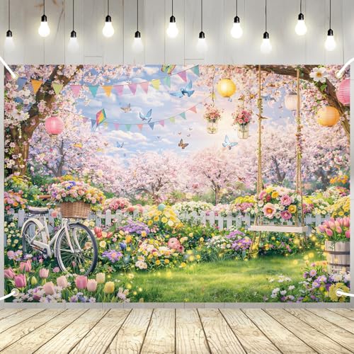Yquqwn 7x5ft Spring Backdrop Garden Scenery Photography Background Polyester Banner for Spring Party Photo Booth Studio Portrait Decor