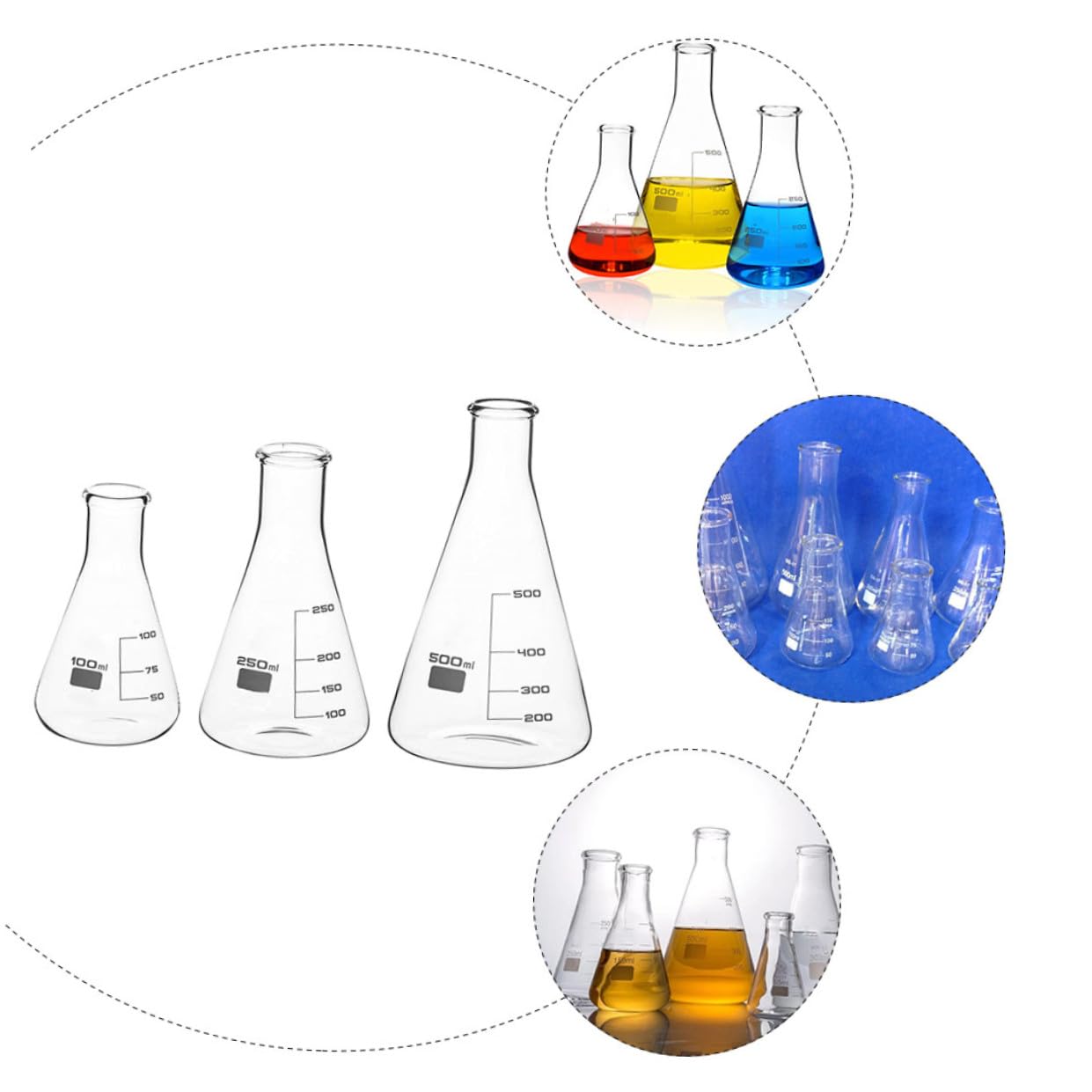 Matraz Cónico de Vidrio 3 Piezas 100ml 250ml 500ml | Graduaciones Estándar y Escala Clara, Base Plana, para Laboratorio Escolar y Aplicaciones de Ciencias Vida