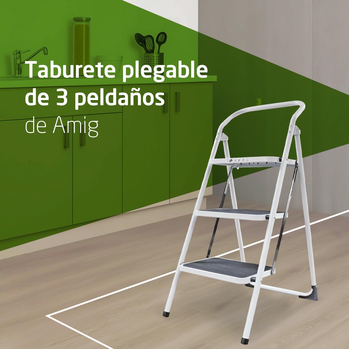 Amig - Escalera Plegable - Taburete de Acero con 3 Peldaños Antideslizantes – Medidas: 72 x 65 x 101 cm - 150 kg - Acabado Blanco con Protectores Negros – para Uso Profesional y Doméstico