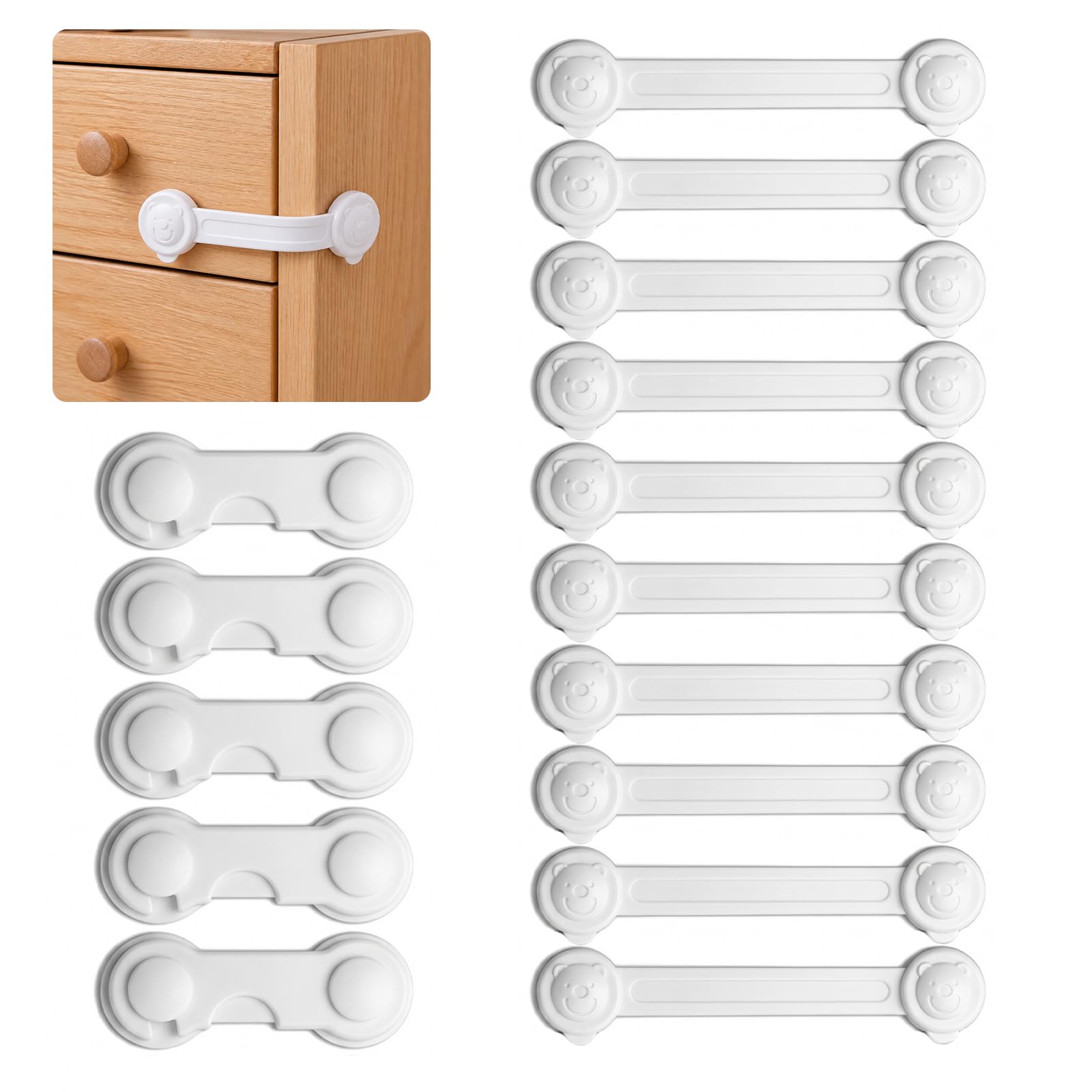 Drwosm Pack of 15 Baby Cupboard Locks, White PP Child Lock Drawers, Adjustable Cabinet Lock for Fridge, Window Door Protection Set