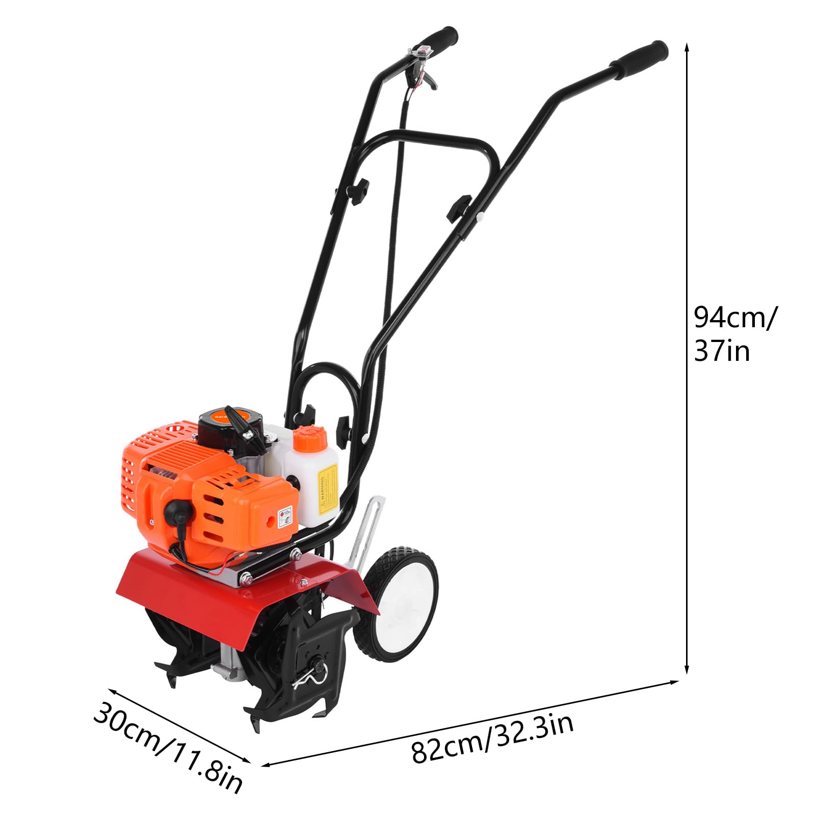 Motobineuse Thermique 2 Temps 52cc, Cultivateur de Jardin Léger avec 4 Lames en Acier, Largeur de Travail 30cm, Profondeur Réglable 3-10cm, Idéal pour Potagers et Pelouses (Orange)