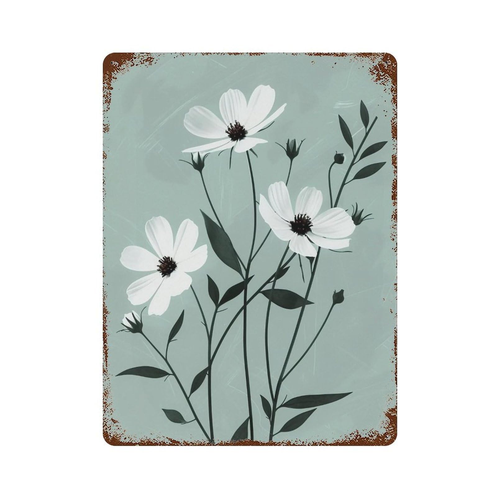 WUJHGRSG Mint Tone Minimal Flat White Blossom 02 Wall Art Retro Iron Vintage Metal Tin Sign Poster Modern Decor for Home Cofffee Club Bar Shop Style 40x30cm