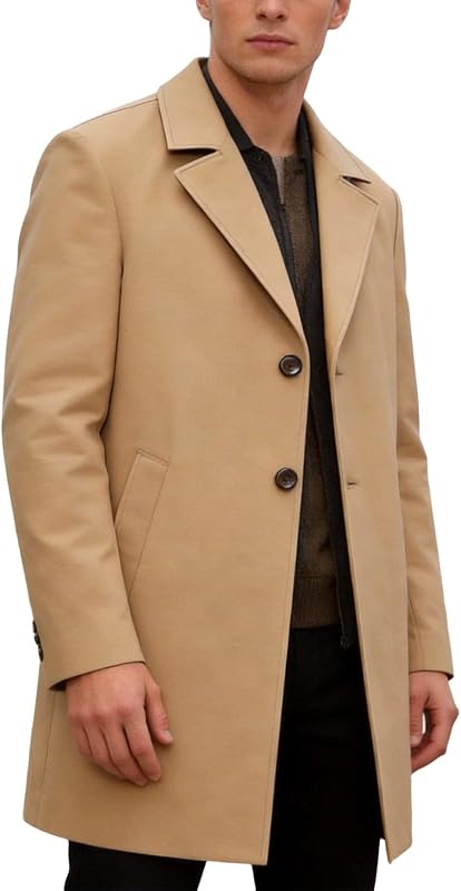 Men's Business Trench Coat Long Sleeve Lapel Collar Button Down Jacket Dressy Casual Fall Winter Office Outerwear