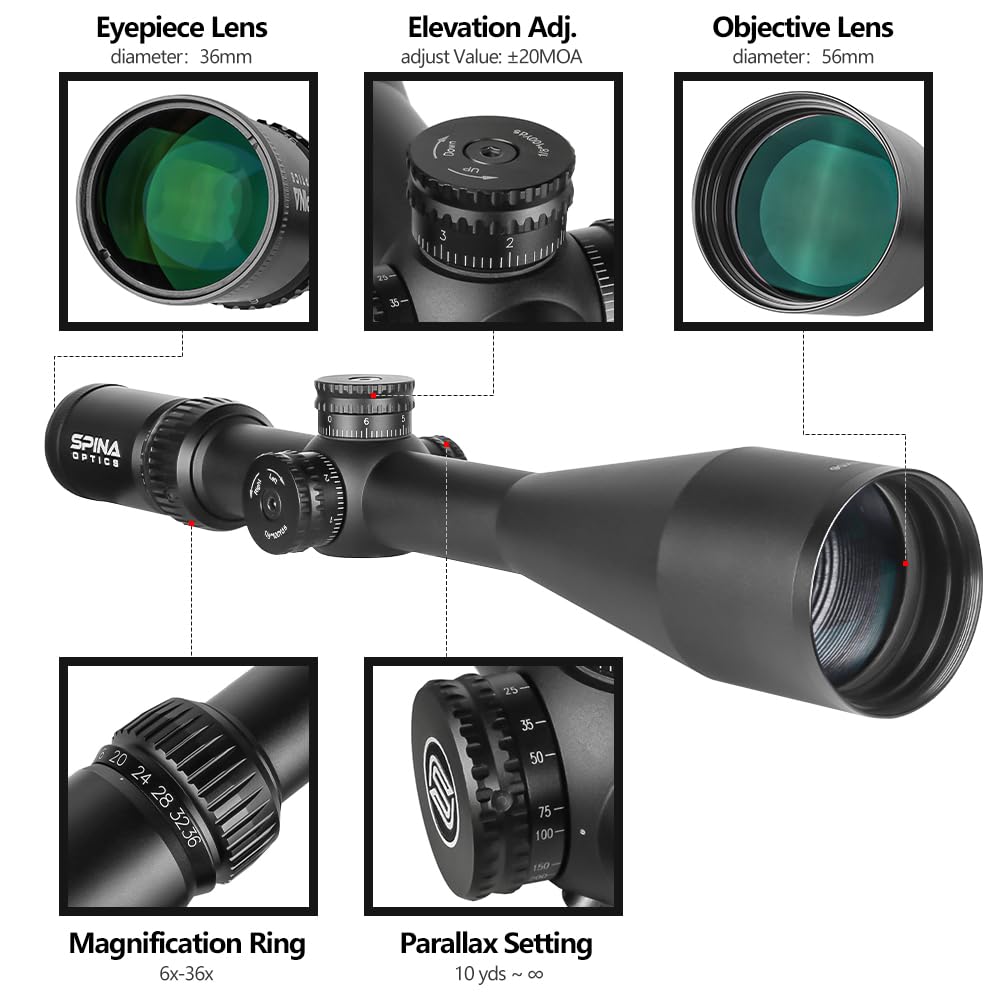 Spina Optics Lunette de Chasse SF 6-36x56 avec réticule Mil Dot avec Touche parallaxe latérale réinitialisation de la Vue Optique Tactique Lunette de visée