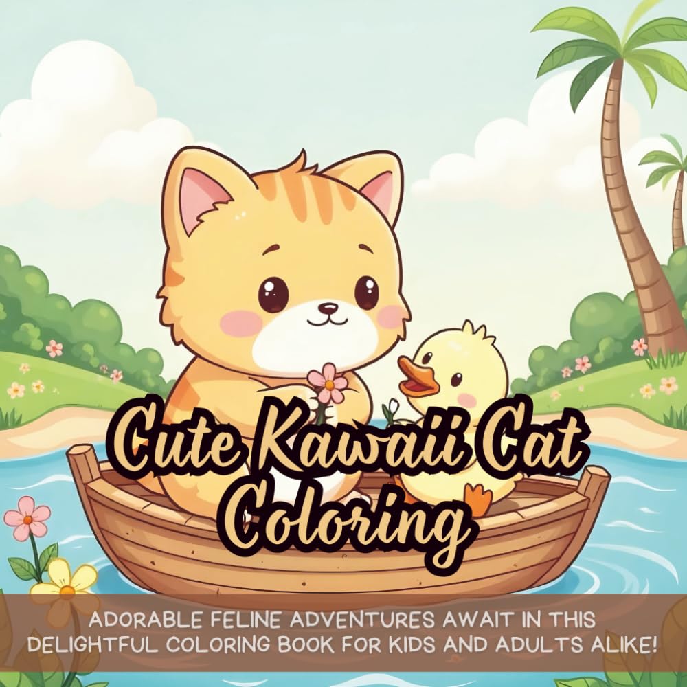 Cute Kawaii Cat Coloring: Adorable feline adventures await in this delightful coloring book for kids and adults alike!