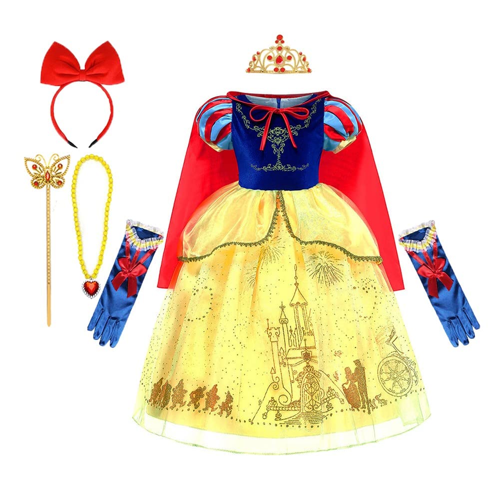 REXREII Girls Princess Snow White Costume Fancy Dress Halloween Christmas Party Birthday Evening Gown (w/Accessories)