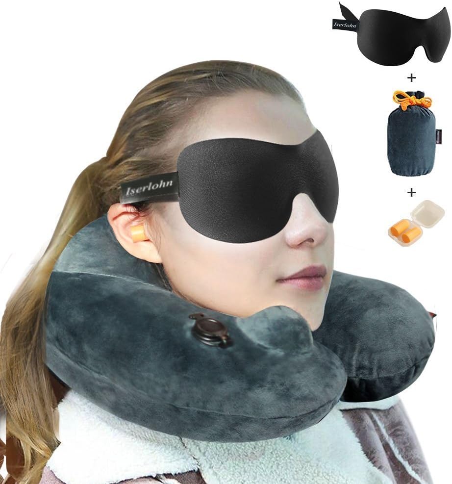 Inflatable Travel Pillow with Free Memory Foam Sleep Mask, Earplugs and Carry Pouch, Comfortable Neck Pillow for Neck Pain Relief, Soft Velvet Washable Cover