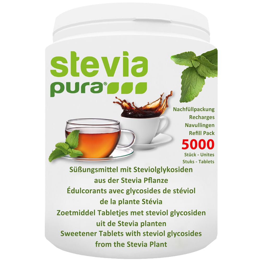 steviapura | Stevia Tabs Sparpackung - 5000 Stück Stevia Tabletten + EDELSTAHL Süßstofftablettenspender - 300g