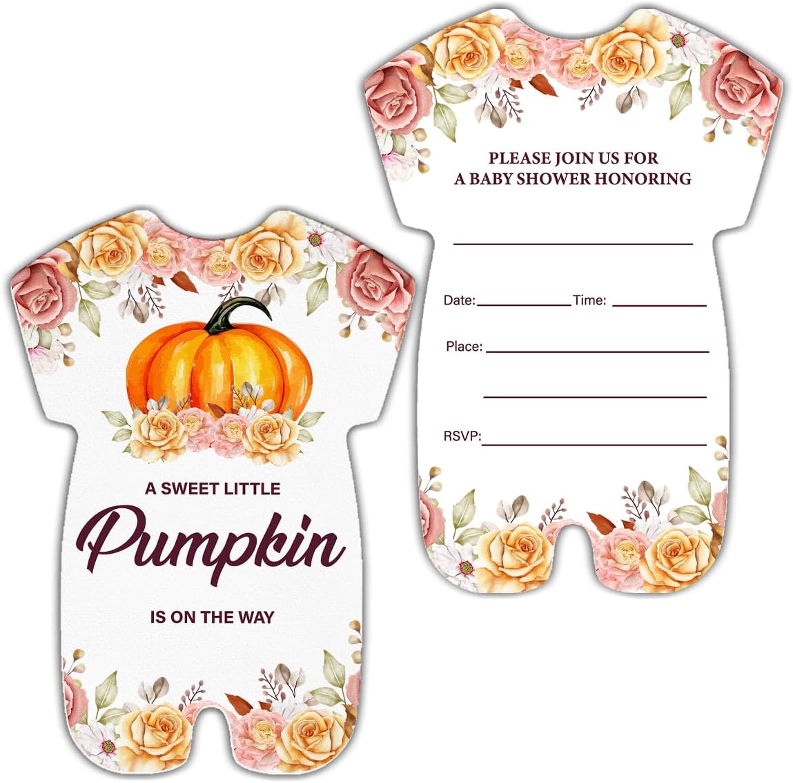 Fall Pumpkin Baby Shower Invitations With Envelopes (20 Count), Autumn Theme Little Pumpkin Is on the Way Baby Shower Party Fill in Invites Cards, Double Sided Design floral