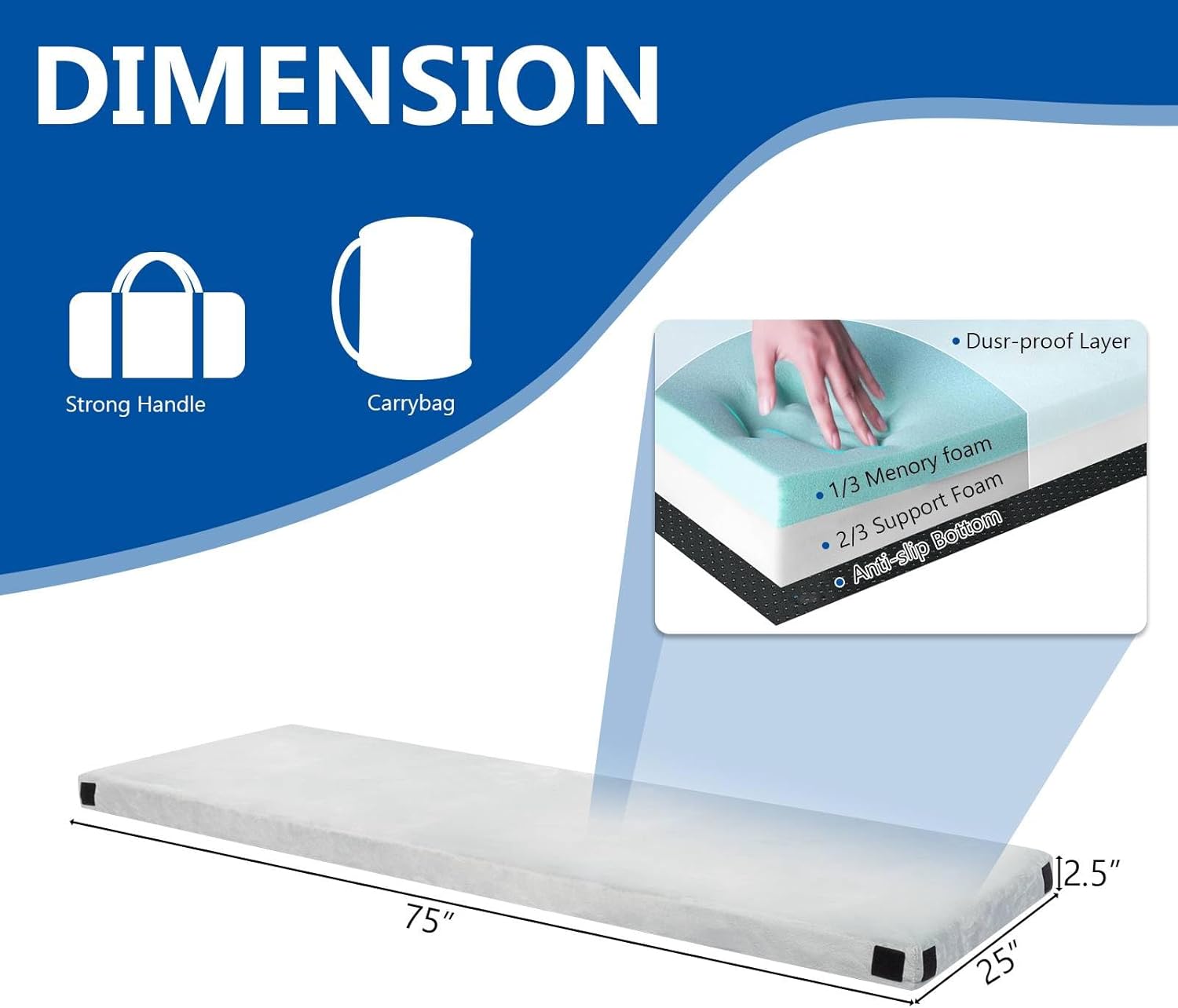 Camping Mattress, Portable Roll up Mattress, Memory Foam Constructed, Boasting a 2-Layer Design, Density Support Foam, Versatile Sleeping Mat for Indoor & Outdoor 75" D x 25" W x 2.5" H