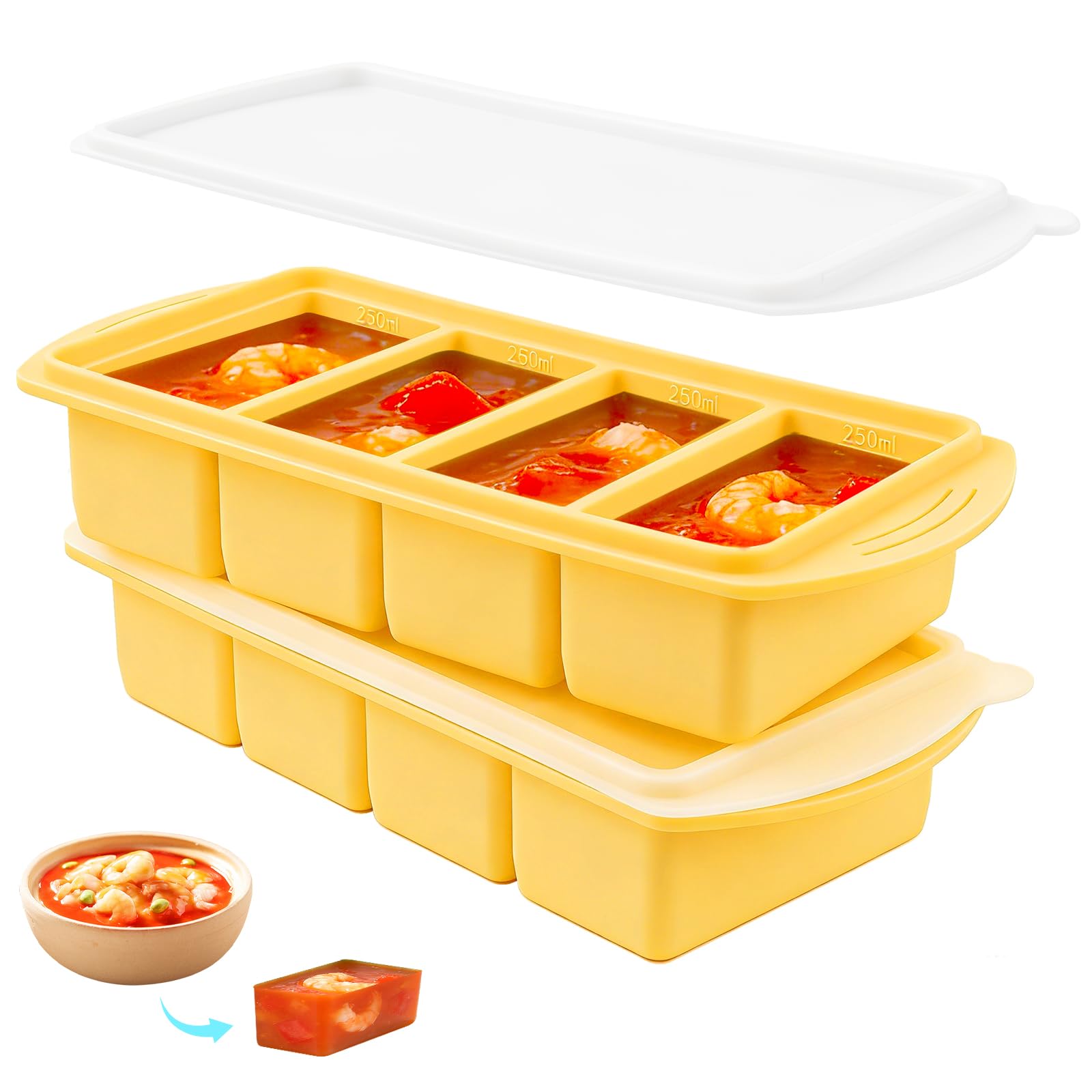 2 Pack Soup Freezer Containers, 4 Grids 1000ML Silicone Freezer Moulds, Silicone Freezer Tray for Meal Prep, Storing Soups, Sauces (Yellow)