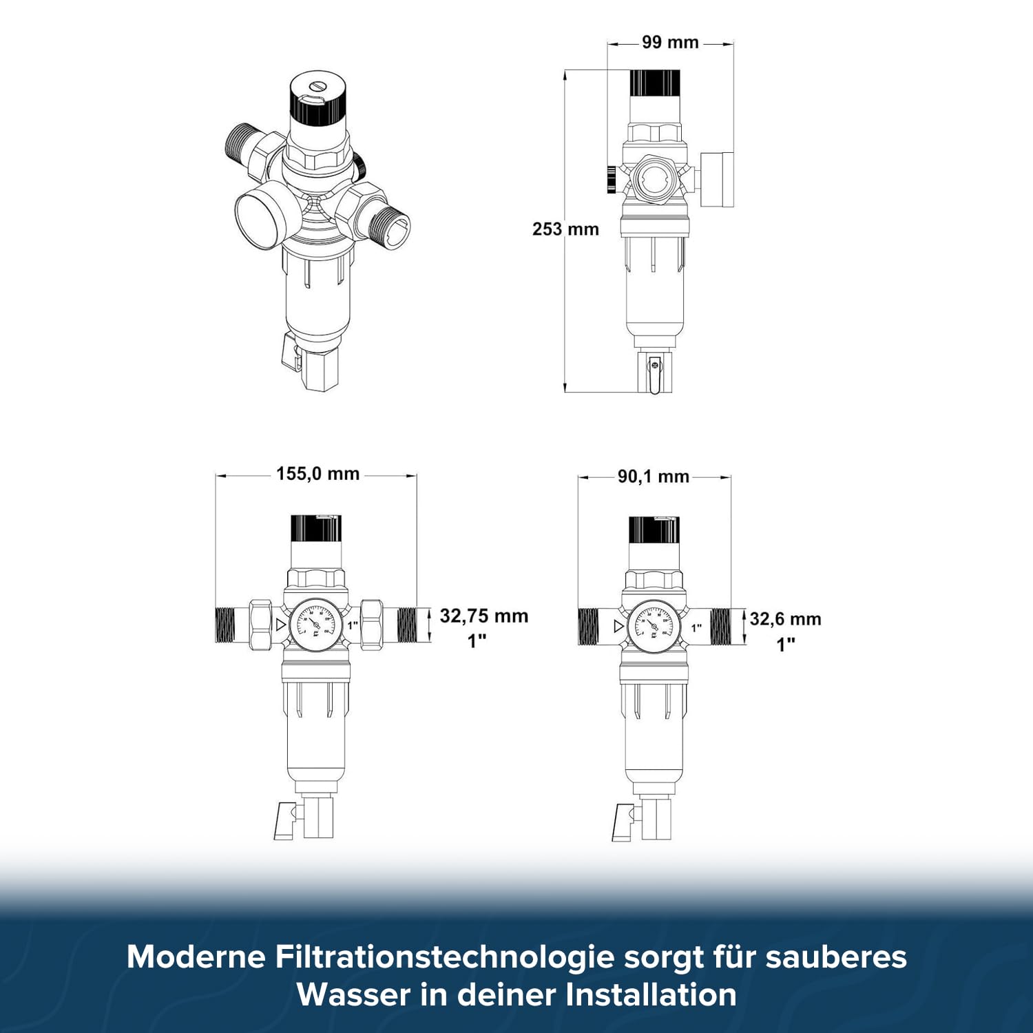 Druckminderer Wasser 1 Zoll Messing mit Manometer selbstreinigendem Siebfilter Wasserdruckregler