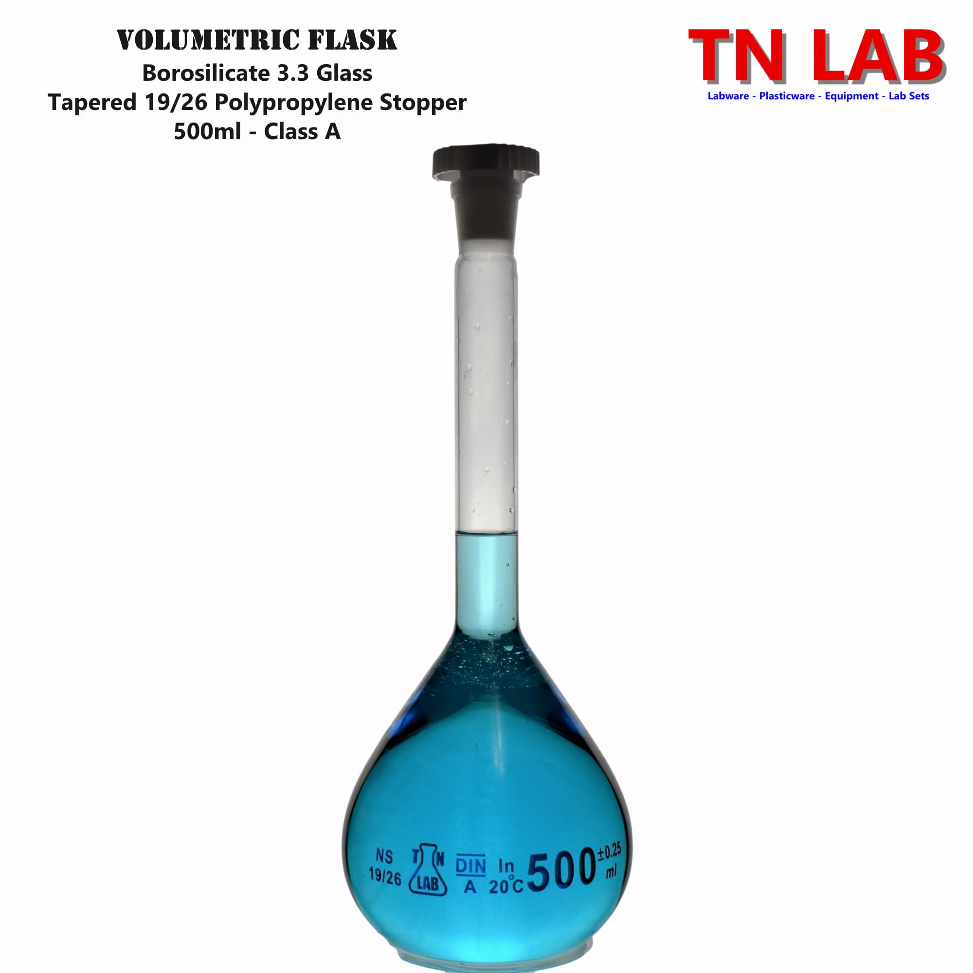 TN LAB Volumetric Flask 500ml Borosilicate Glass 19/26 Class A Accuracy 2-Pack