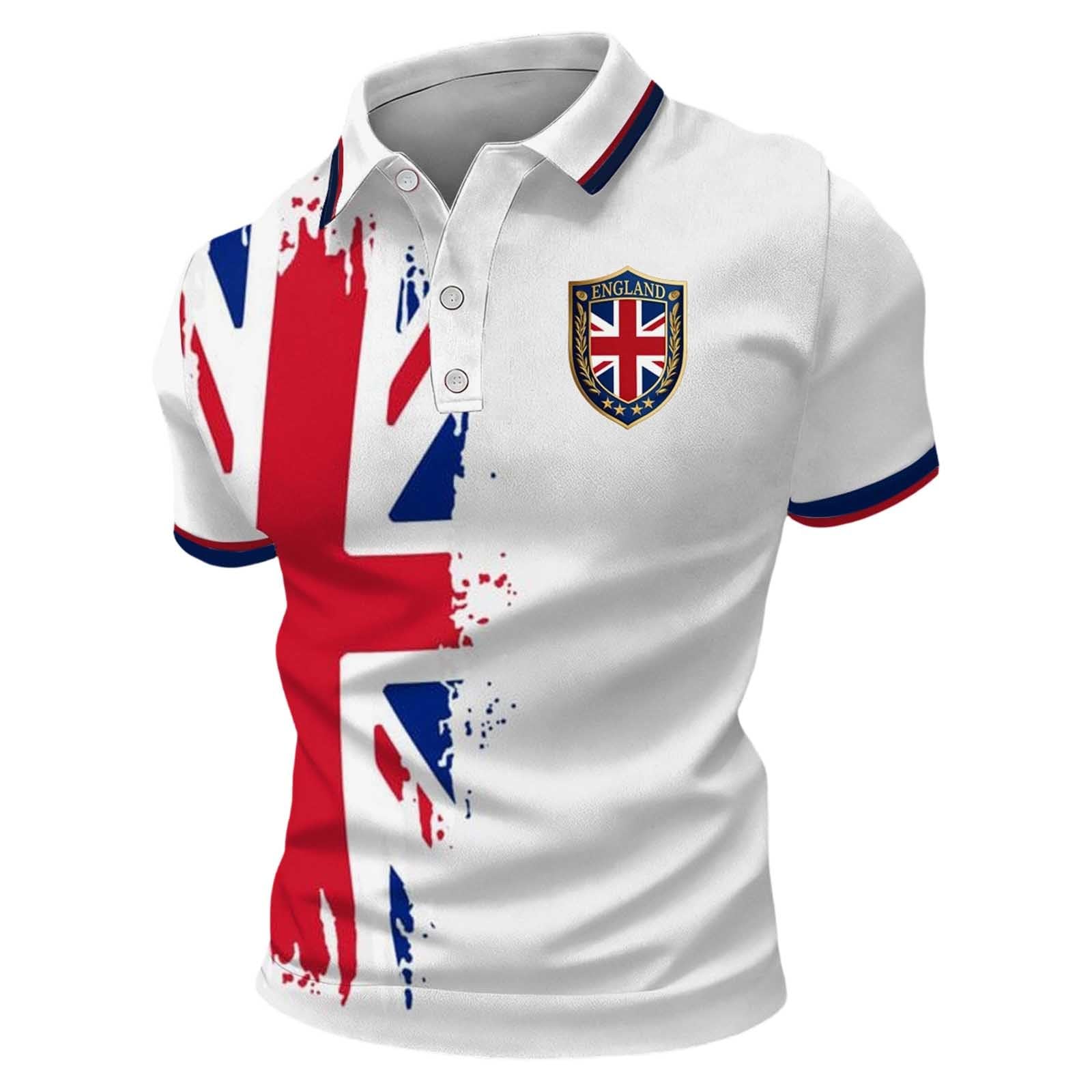 Mens England Polo Shirts Football 2026 Short Sleeve Collared Neck Great Britain Bunting Flags Print Union Jack T Shirt England Football Jersey Tops Breathable Fans Shirts (009-White, 6XL)