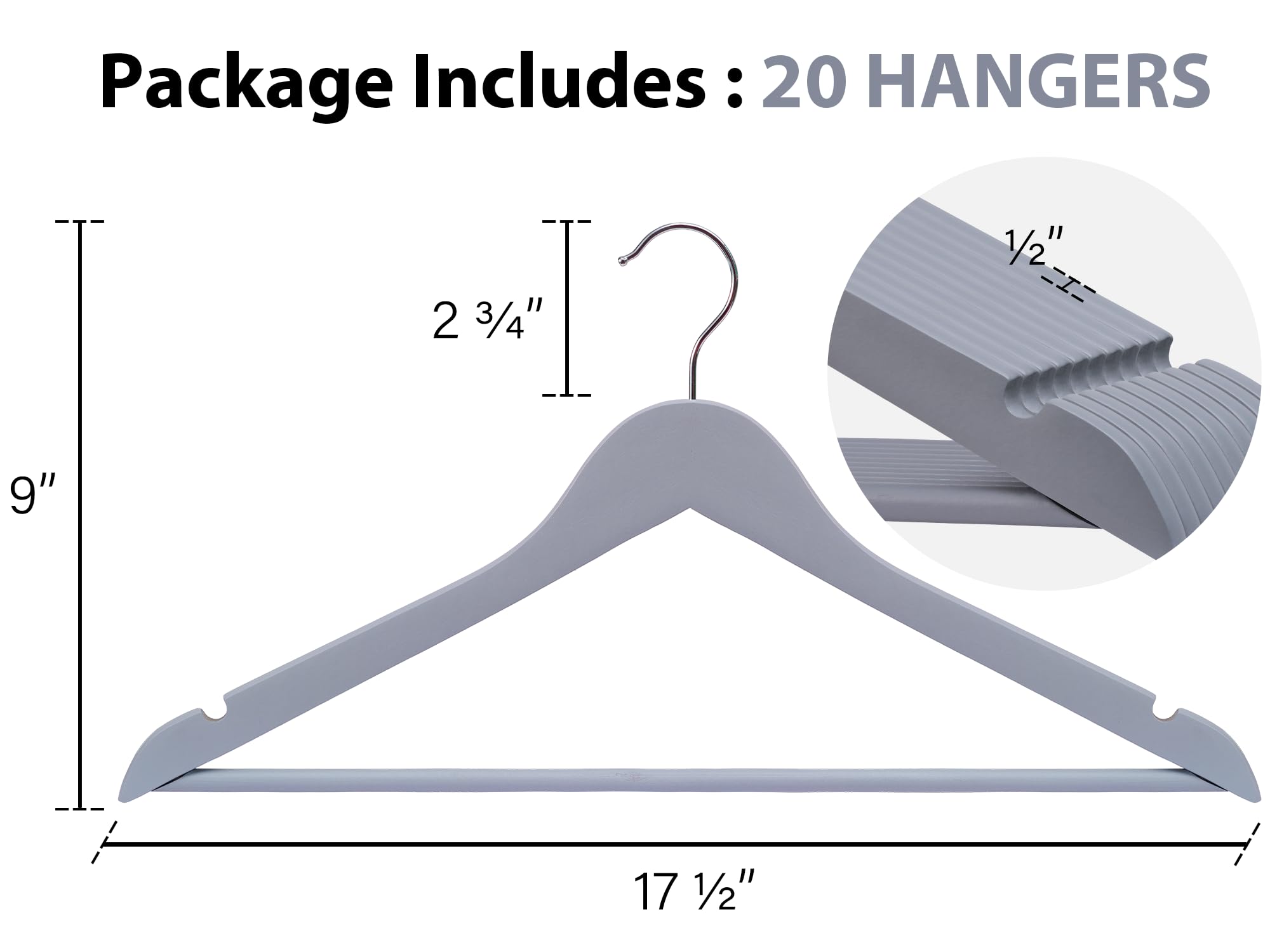 StorageWorks Wooden Coat Hanger, Wood Clothes Hangers 20 Pack, Grey, Natural Wood Hangers for Coats, Shirts, Jackets, Pants, Suits