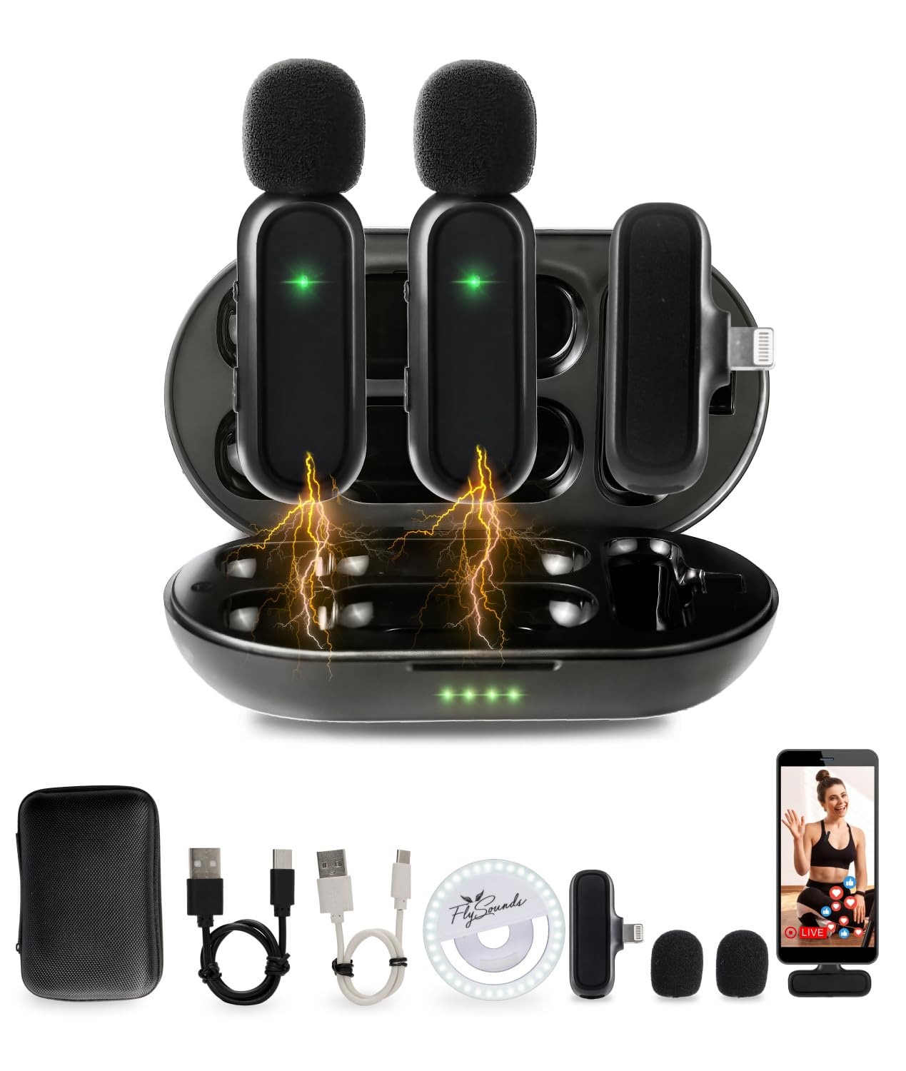 FlySounds 2 Pack Wireless Lavalier Microphone for iPhone iPad, 2023 New Upgraded, Plug & Play, Noise Reduction, Longer Battery with Charging Case, 75FT for Professional Recording, Selfie Light Bonus