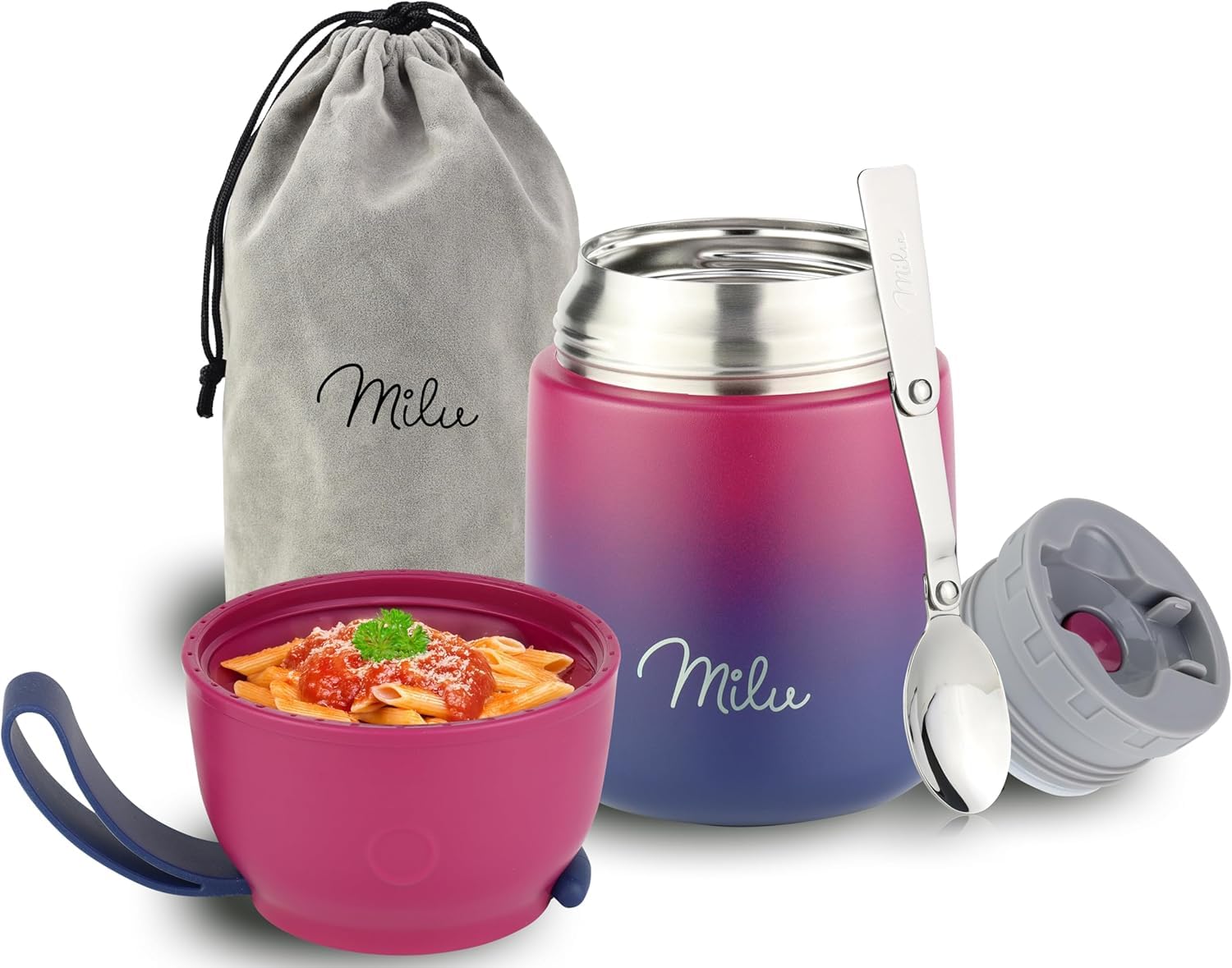 Milu® Thermobehälter für Essen 450ml, Edelstahl, Thermo Lunchbox, Suppenbehälter to go, Thermobox, Thermodose zum Warmhalten Suppen, Babybrei, Speisebehälter, breiwärmer unterwegs, Berry Blau 450ml