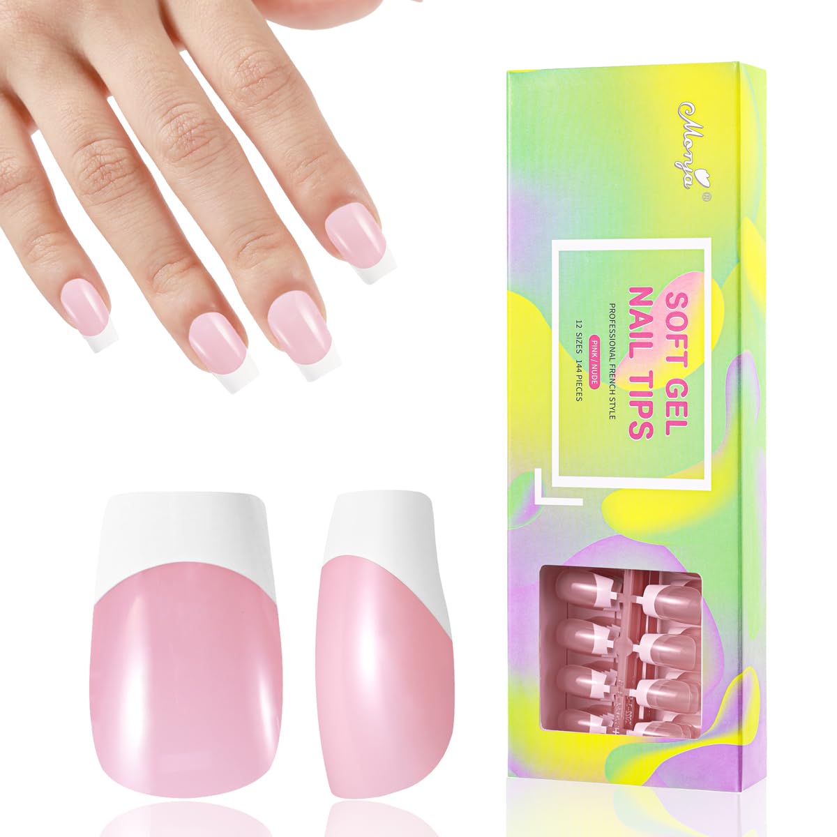 Medium Square Gel Nail Tips Monja 144pcs Soft Gel Press On Nails 12 Sizes French Nails Fake Nails Pink for Nail Extension Easy to Use