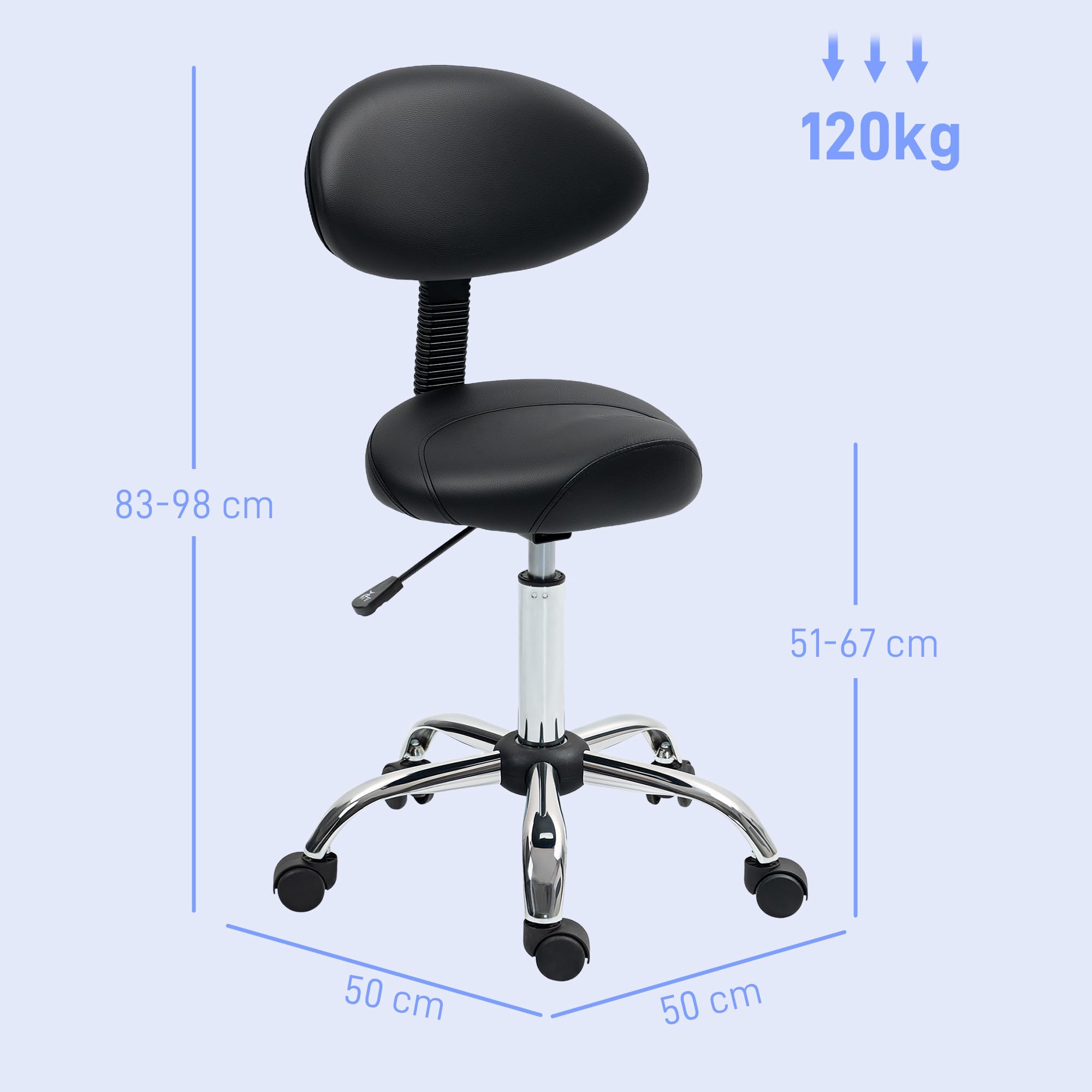 HOMCOM Taburete Giratorio con Ruedas y Respaldo Extraíble, Taburete de Trabajo con Altura Regulable 83-98 cm, Asiento Tapizado de Cuero Sintético, Negro