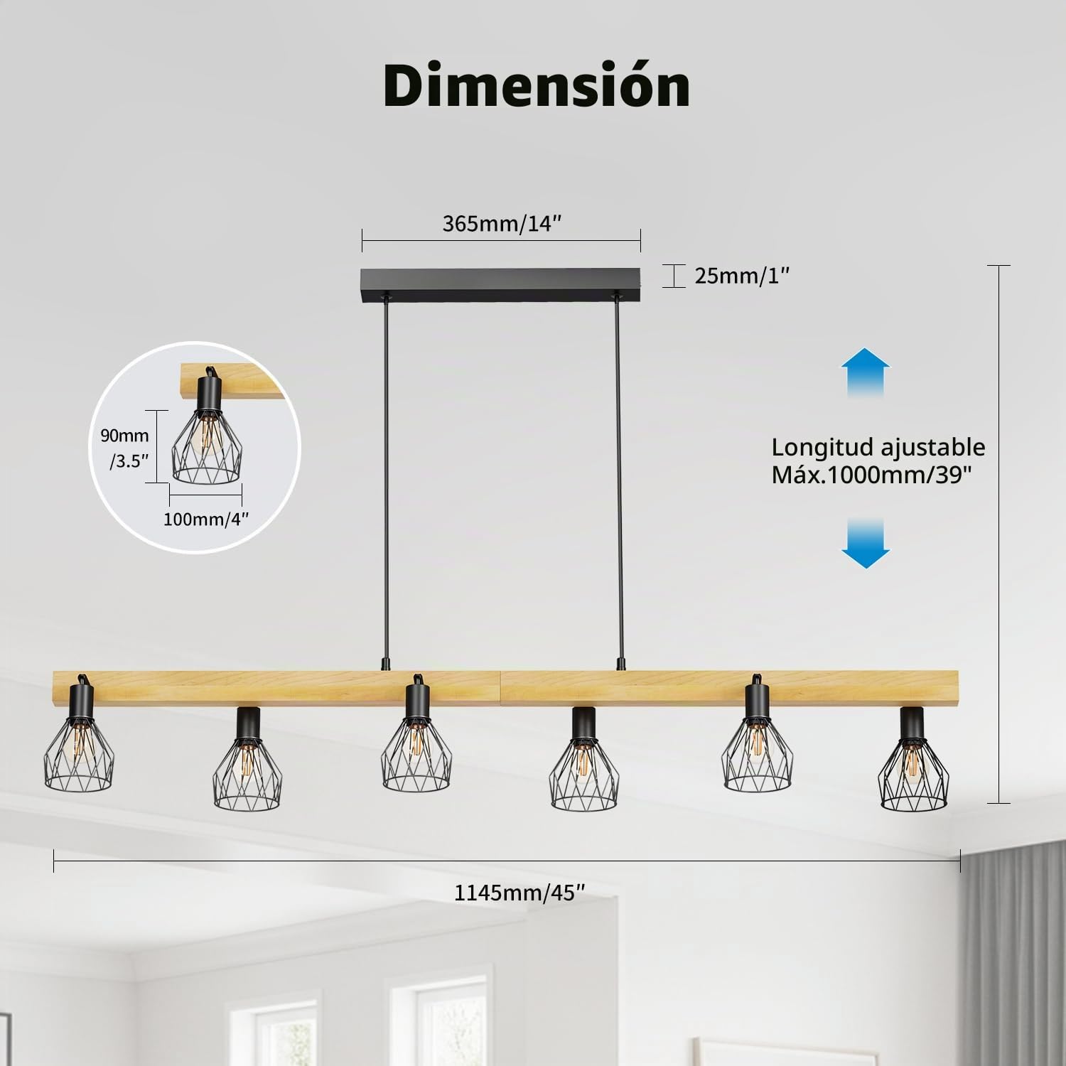 LVWIT Lamparas Colgantes de Techo Negro, Lamparas Isla Cocina E14, Lámparas de Techo de Madera，Lampara Comedor Techo con 6 Bases, para Salón,Dormitorio, Pasillo (Sin Bombillas)