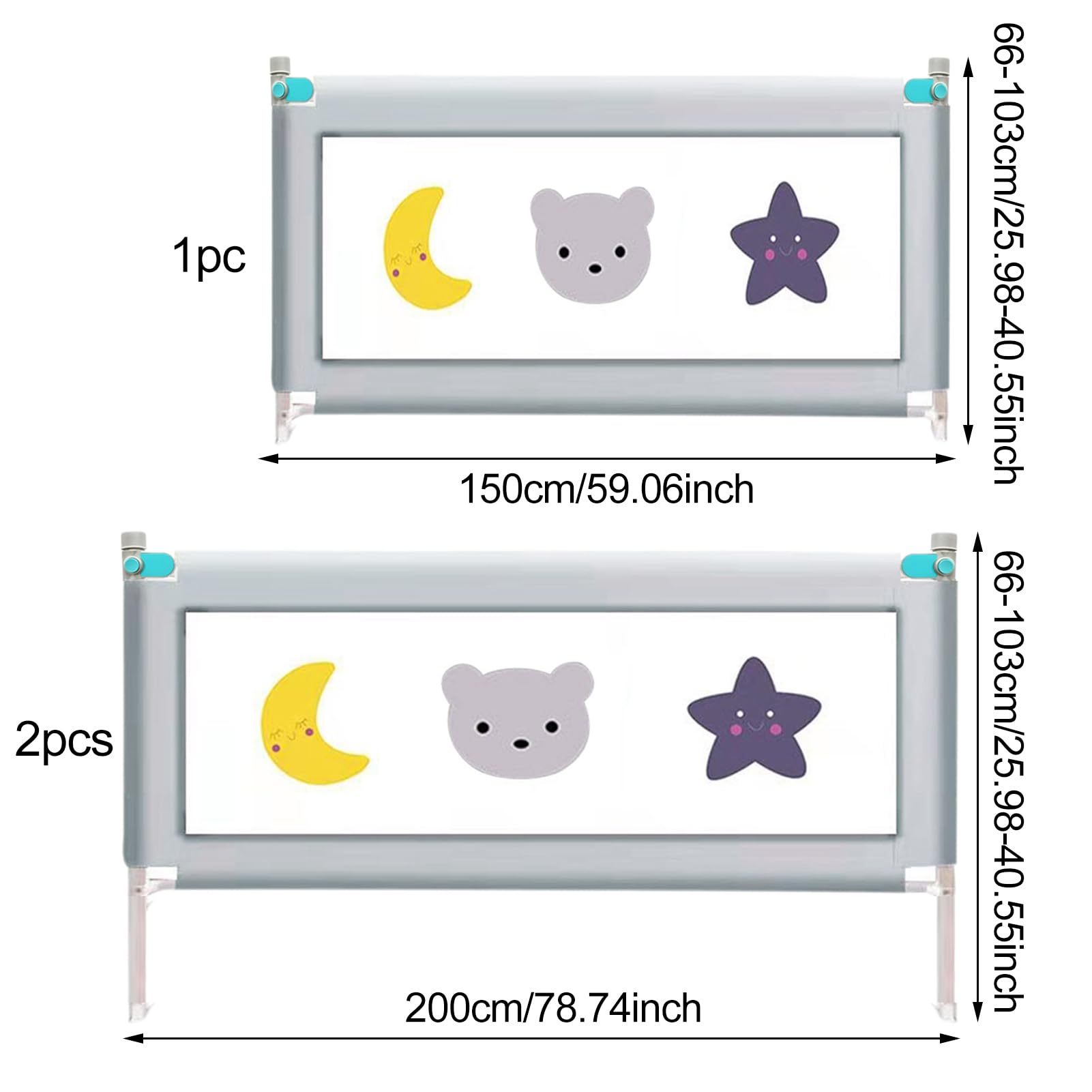 Riel de cama ajustable de 3 piezas para niños pequeños, protector de seguridad para cama de bebé tamaño King, valla resistente y extralarga, diseño de elevación con patrón de dibujos animados