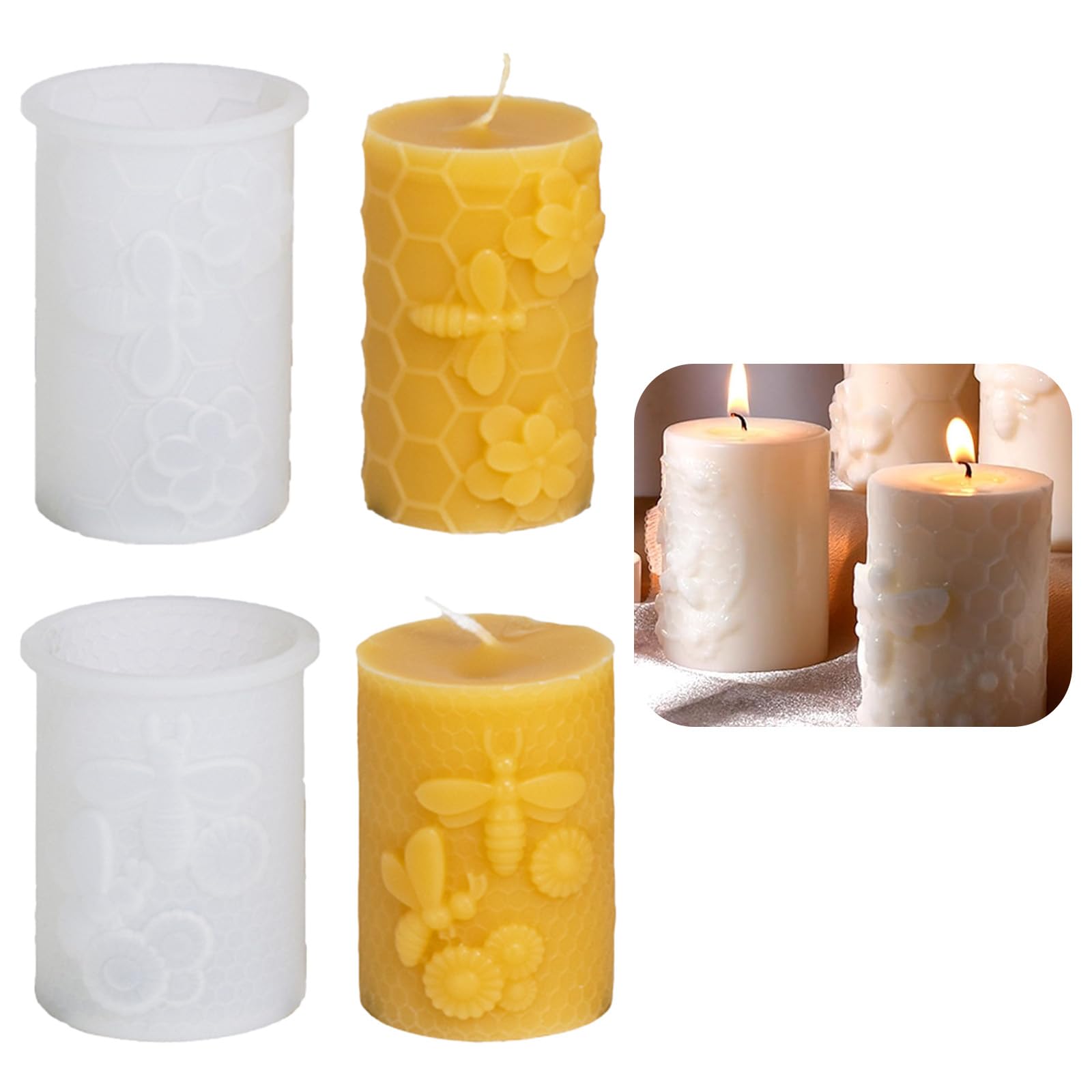 Bee Candle Mold 2PCS, Honeycomb & Flower Cylinder Silicone Molds for Candle Making, Resin, Soap - Beeswax Candle Molds DIY Kit for Unique Home Decor & Gifts