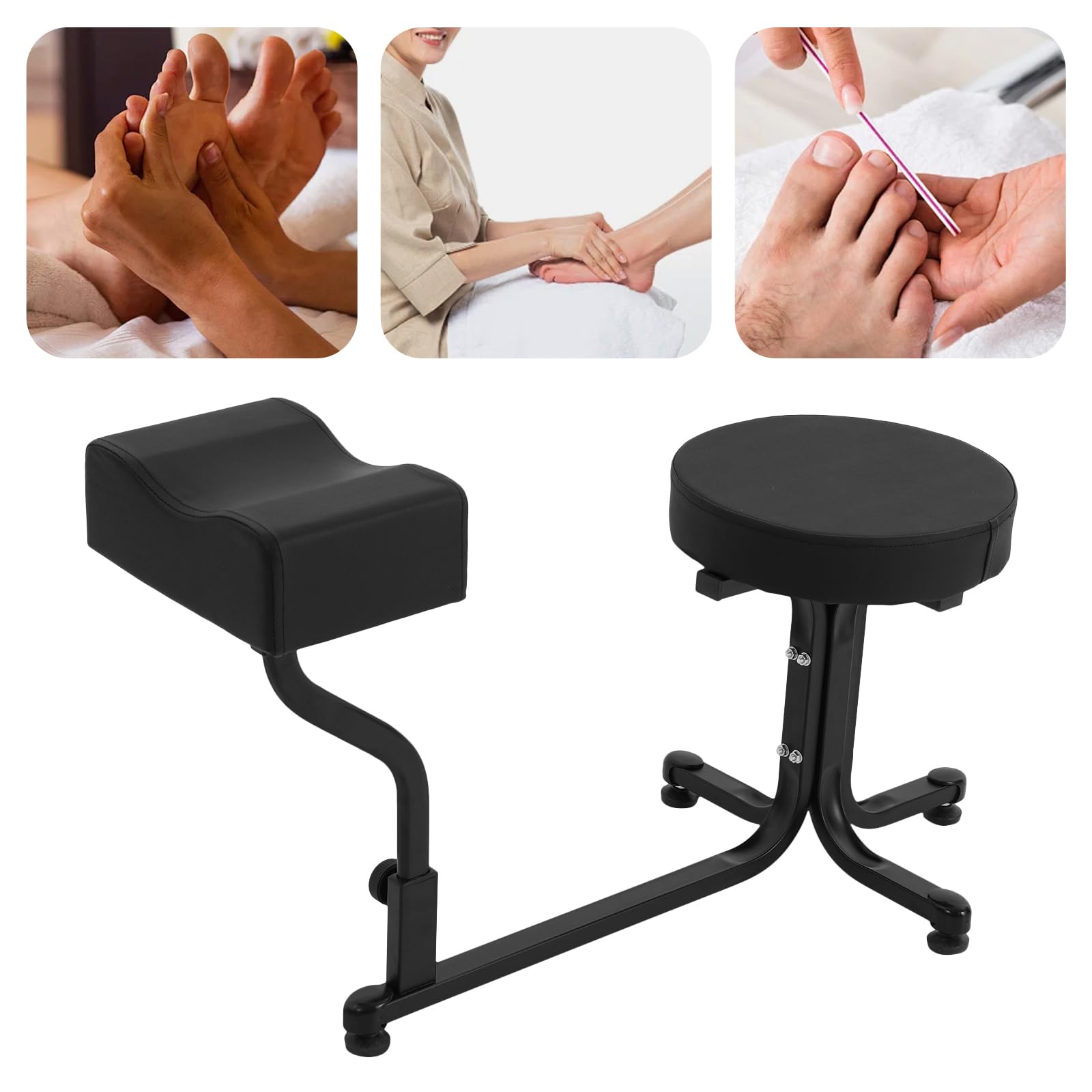 Sgabello per pedicure 2 in 1, con poggiapiedi regolabile, in PVC, per pedicure, manicure, poggiapiedi, fino a 100 kg, per salone di bellezza e benessere (nero)