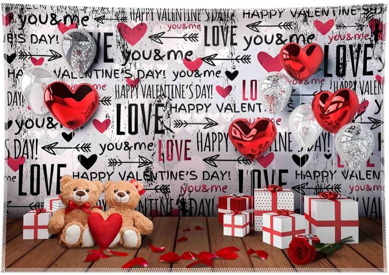 YCUCUEI Telón de fondo de madera de 7 x 5 pies para el día de San Valentín diseño de oso rojo globos de corazón rojo decoraciones de regalo para