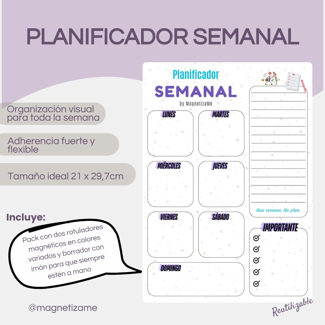 Planificador Semanal Magnético para Nevera – Pizarra Reutilizable Dry-Erase (29,7 × 21 cm aprox. A4) + 2 Rotuladores con Imán y Borrador – Organización de Menús, Tareas y Eventos