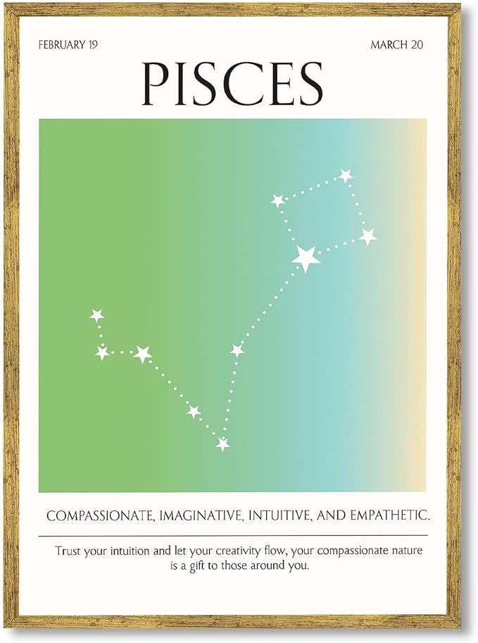 Framed Pisces Zodiac Sign Poster Canvas Print Art Modern Wall Art Painting Pictures Cute Trendy Art Print Wall Decoration for Living Room Dorm Room Home Decor (Gold Framed,12L x16W)