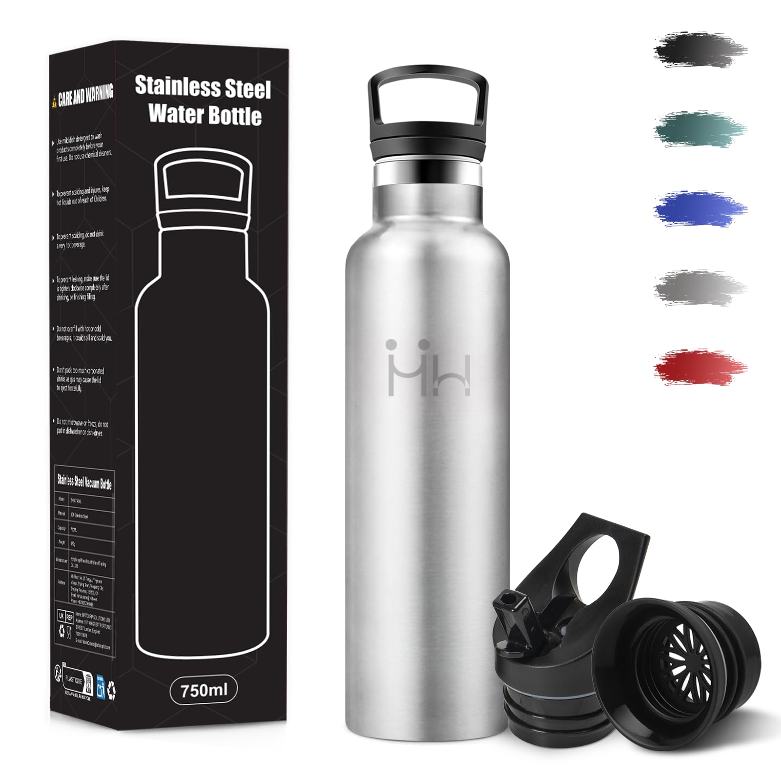 Borraccia Termica, 750 ml Senza BPA, Borracce Termiche, 18/8 Acciaio Inossidabile, Borraccia Acciaio Inox, Bottiglia Acqua Con Cannuccia e 2 Coperchi, Borracce per Ufficio - Acciaio inossidabile