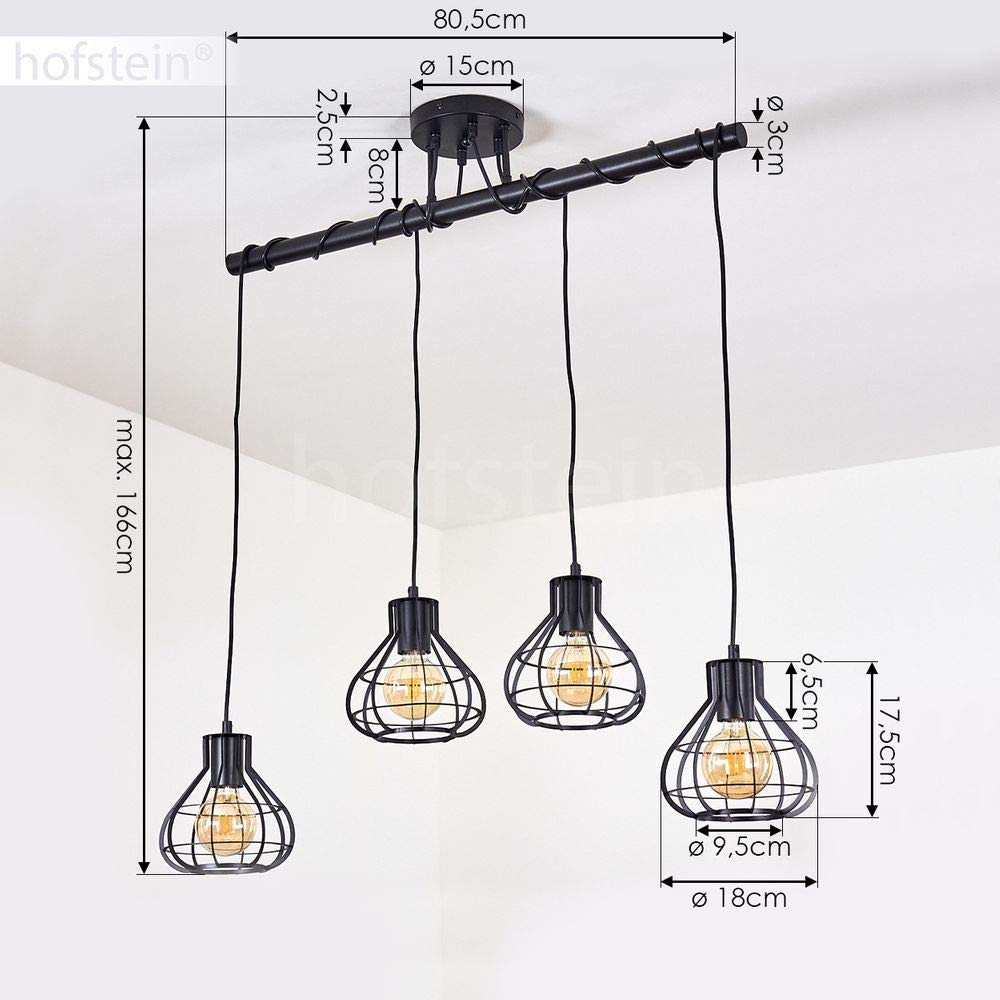 Lampada a sospensione Gainesville,lampada da camera retrò regolabile,lampada in metallo di colore nero,teste della lampada regolabili individualmente,4 x E27, altezza massima 166 cm, senza lampadina/e