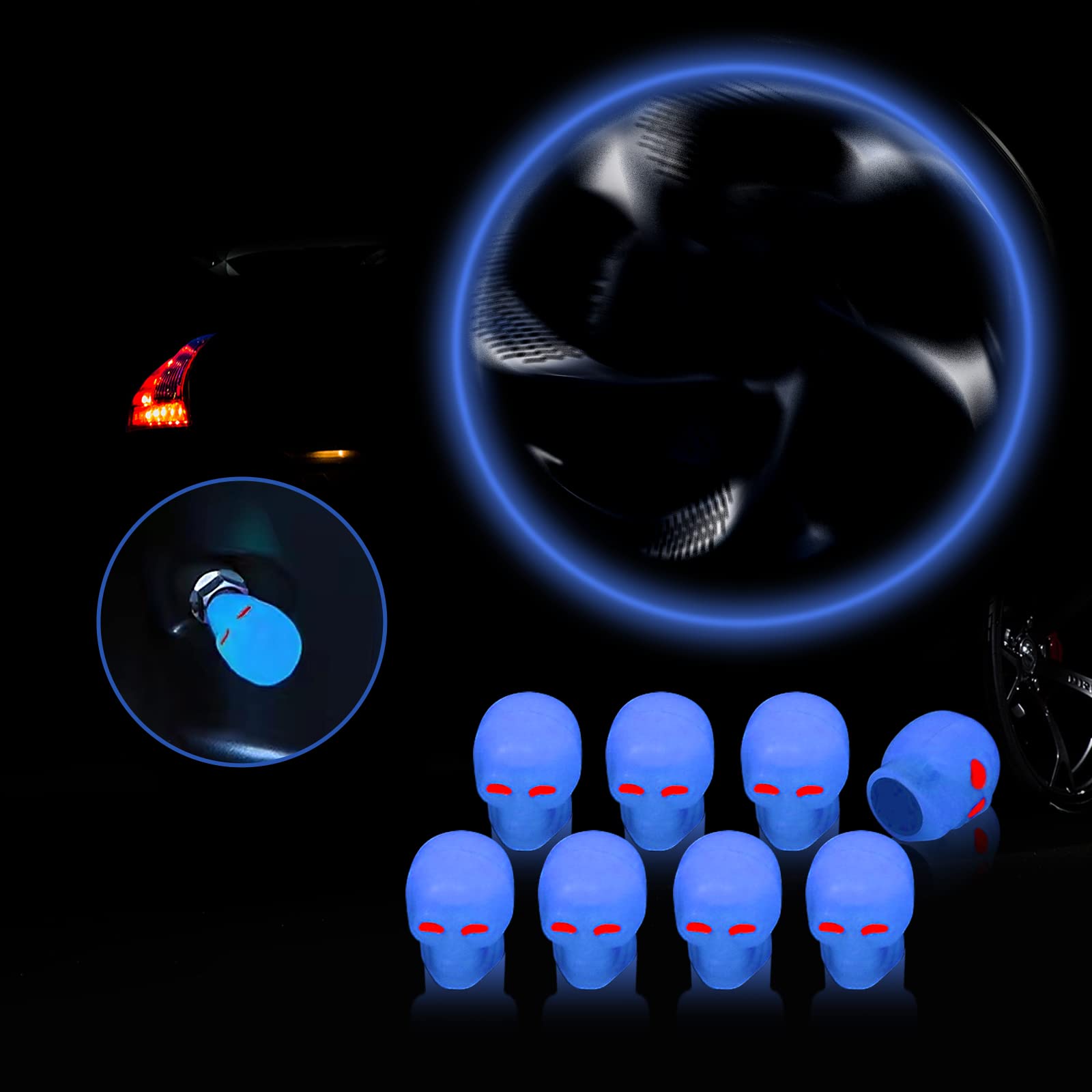 Miytsya 8 PCS Luminous Wheels Cap Tire Valve Stem, Glow Luminous at Night, Air Caps Cover Fluorescent, Illuminated Auto Car Wheel Valve Stem Caps Cover for Car, SUV, Truck (Blue #Skull)